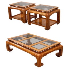 Burled Wood Chinoiserie Ming Styled Coffee Table and End Tables Set by Century