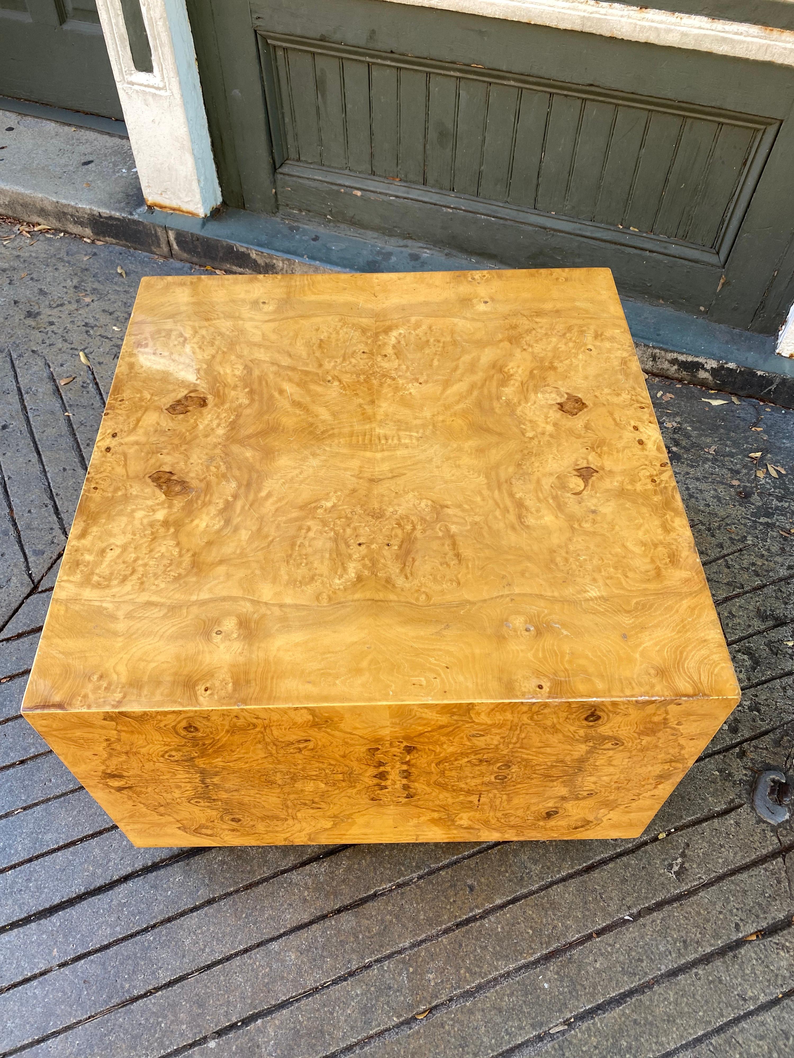 Burled wood cube table. Very expressive and unique burled olive wood. Nice size, measuring 29