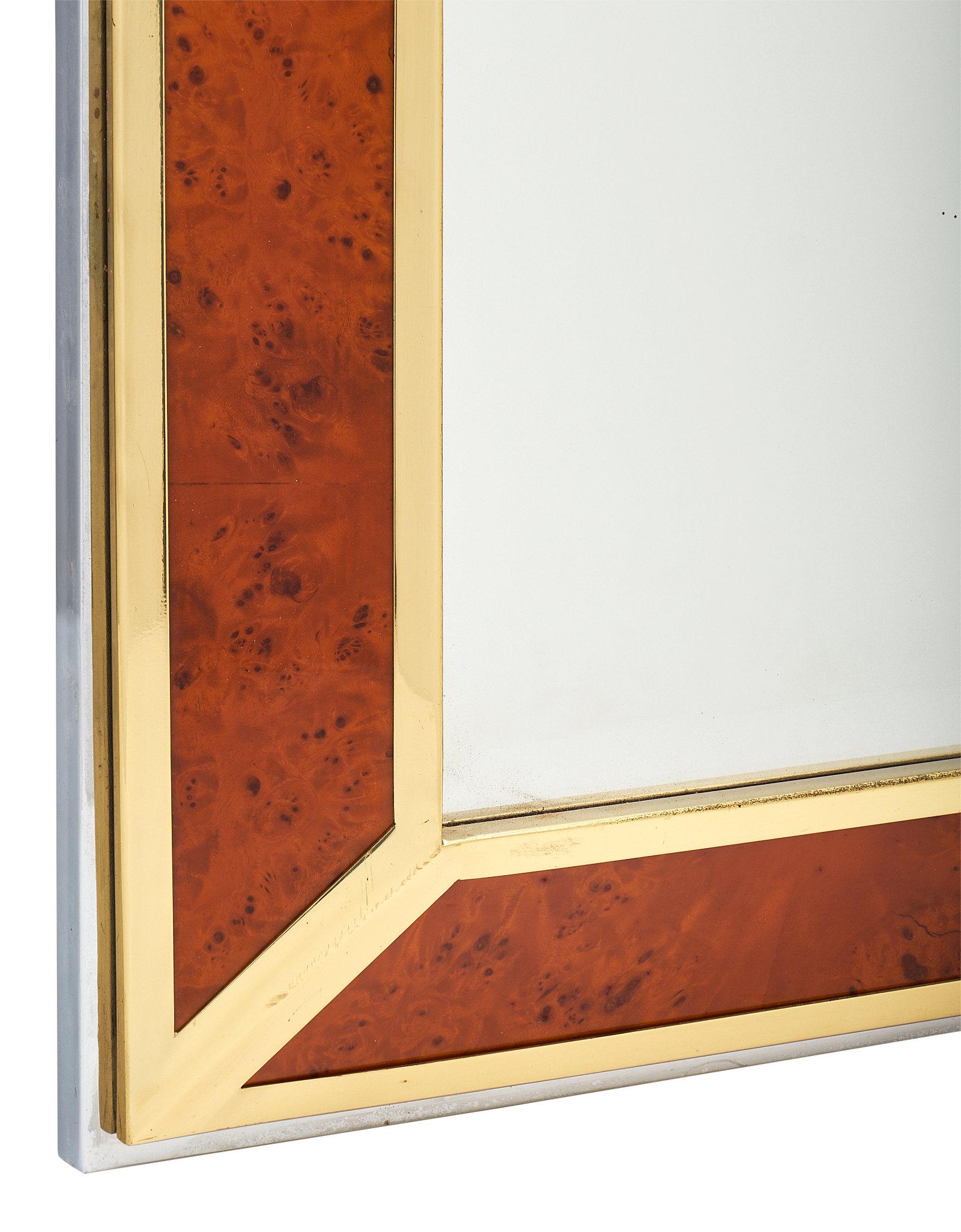 Brass Burled Wood Modernist French Mirror For Sale