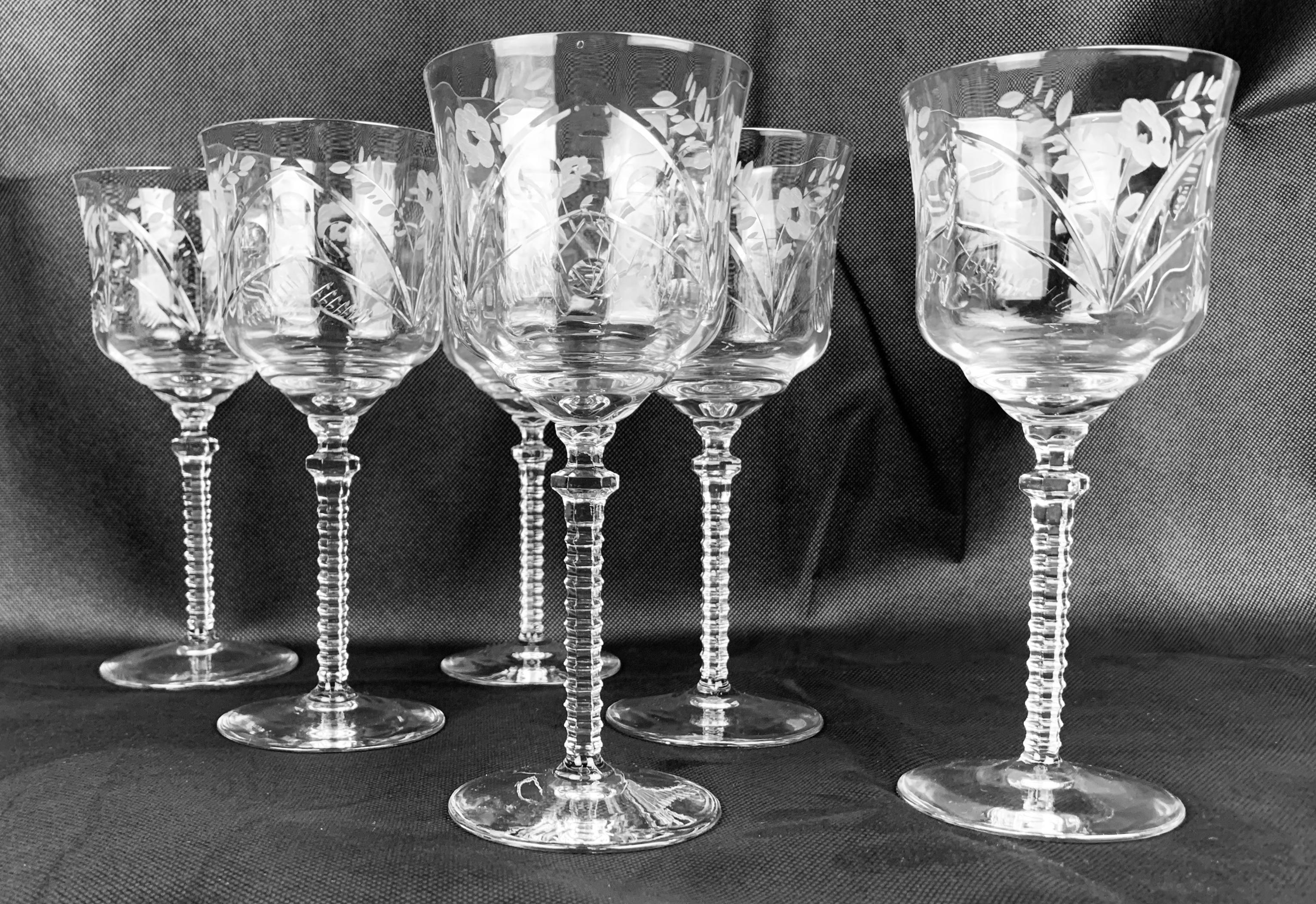 Details about   Antique Vintage Etched Glass Crystal Wine Glasses Set Of 3 
