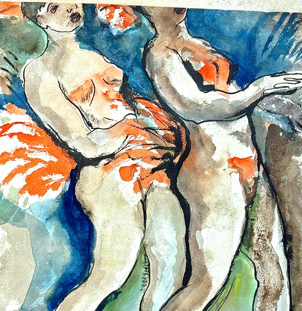 Brillante y memorable, este cuadro tiene dos caras:  una escena de bailarinas de burlesque desnudas, adornadas con plumas rojas y zapatos rojos por un lado, y por el otro, una composición cubista muy abstracta en tonos topo, vino, verde pálido y
