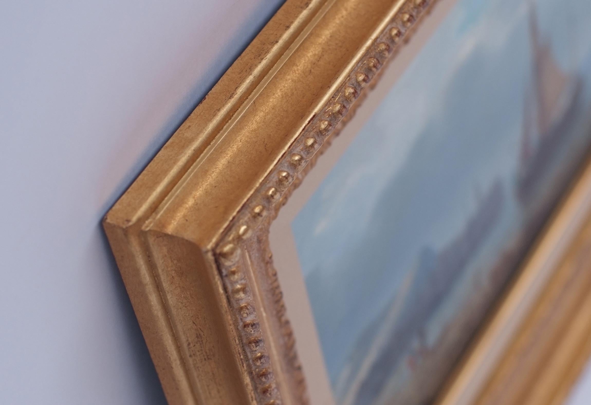 BURLING Gilbert (1843-1875)
Two oil on wood panel signed low right
Showing scenes of fishing by the sea
Frames giglded with leaves
Size wood panel : 22 X 41 cm (each)
Size frame : 33 X 55 cm (each)

BURLING Gilbert (1843-1875)
American painter, 19th