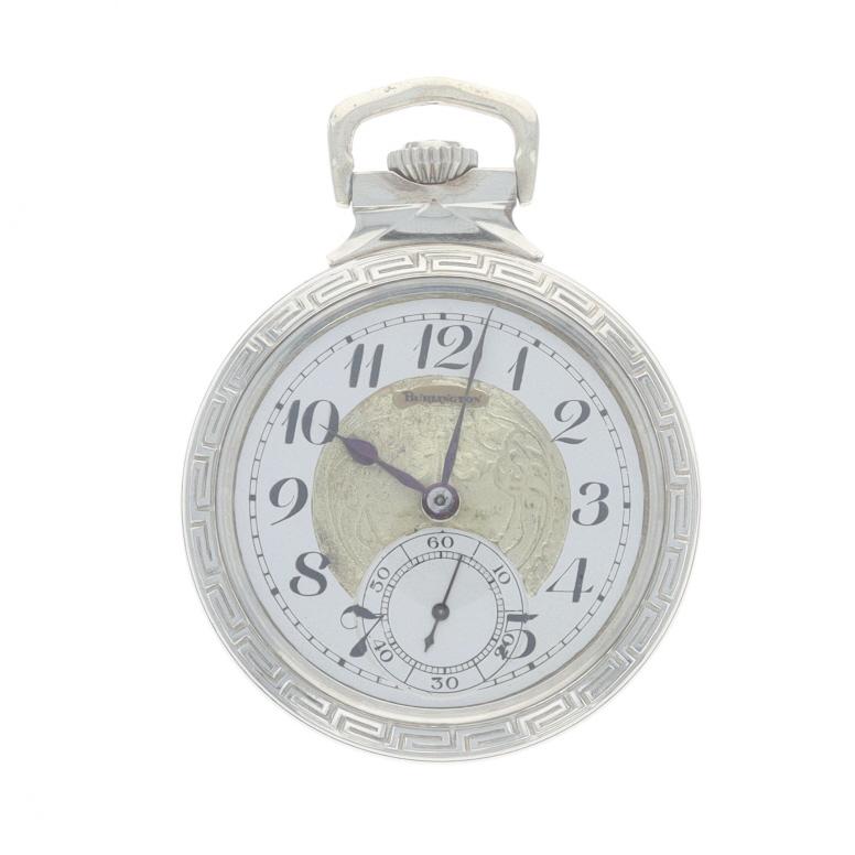 Brand: Burlington
Model: 9
Movement: Mechanical
Number of Jewels: 21
Year: 1923
Movement Maker: United States
Dial Color: Silver & Gold

Grade: 107 
Size: 16s 

Metal Content: 14k Gold Filled

Style: Open Face
Features: 
Numbers marking the hours