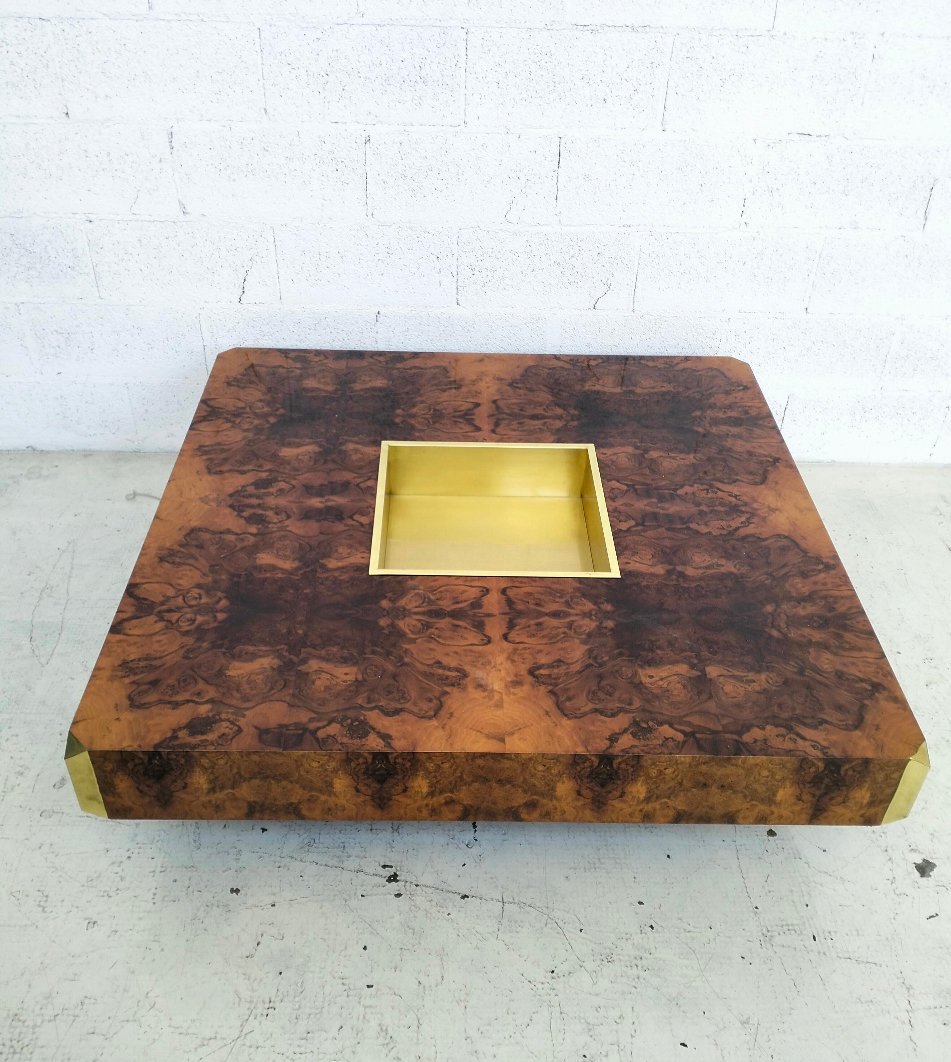 Mid-Century Modern Table basse en loupe et laiton Alveo par Willy Rizzo pour Sabot - Italie 70's en vente