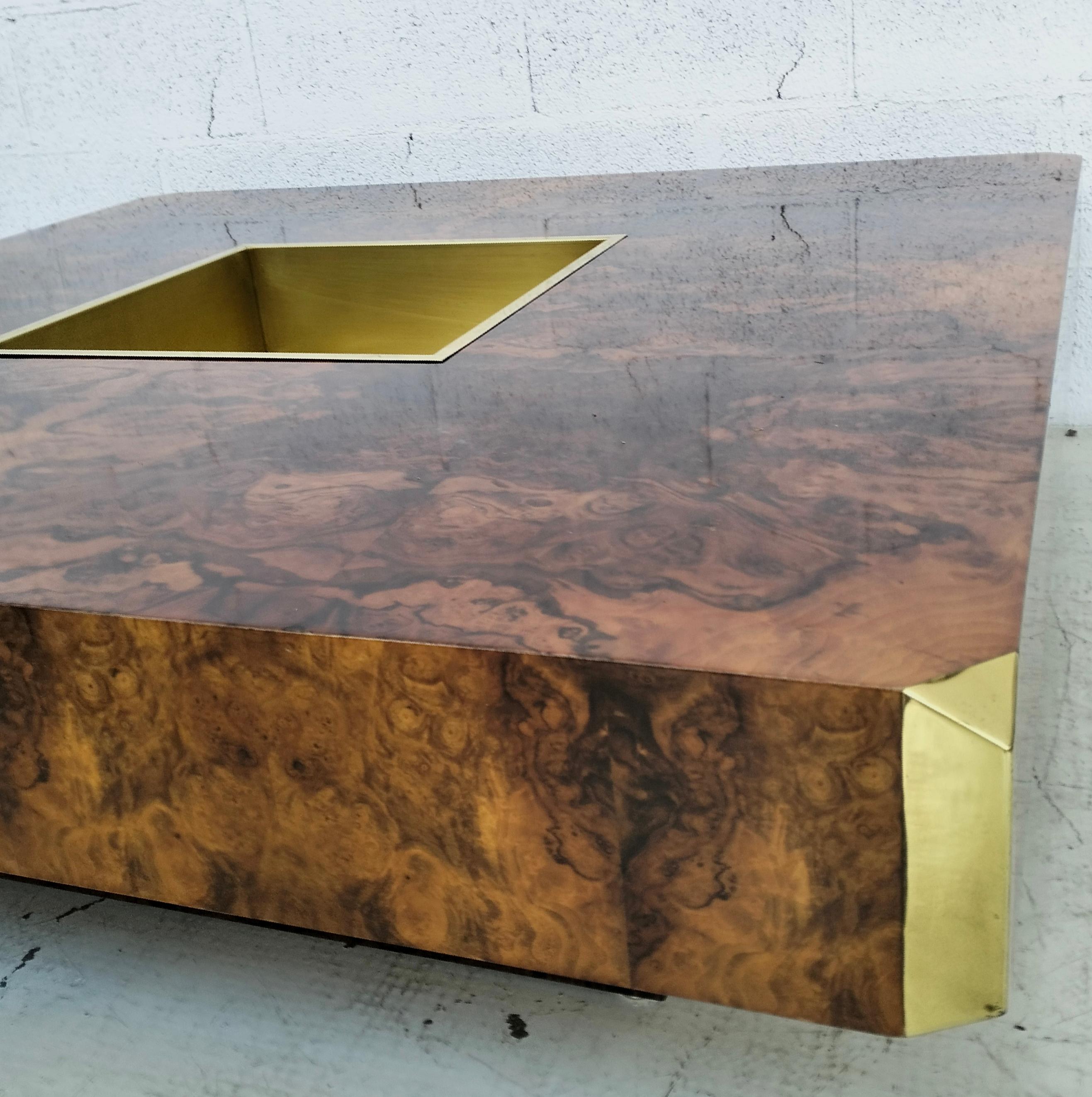 italien Table basse en loupe et laiton Alveo par Willy Rizzo pour Sabot - Italie 70's en vente