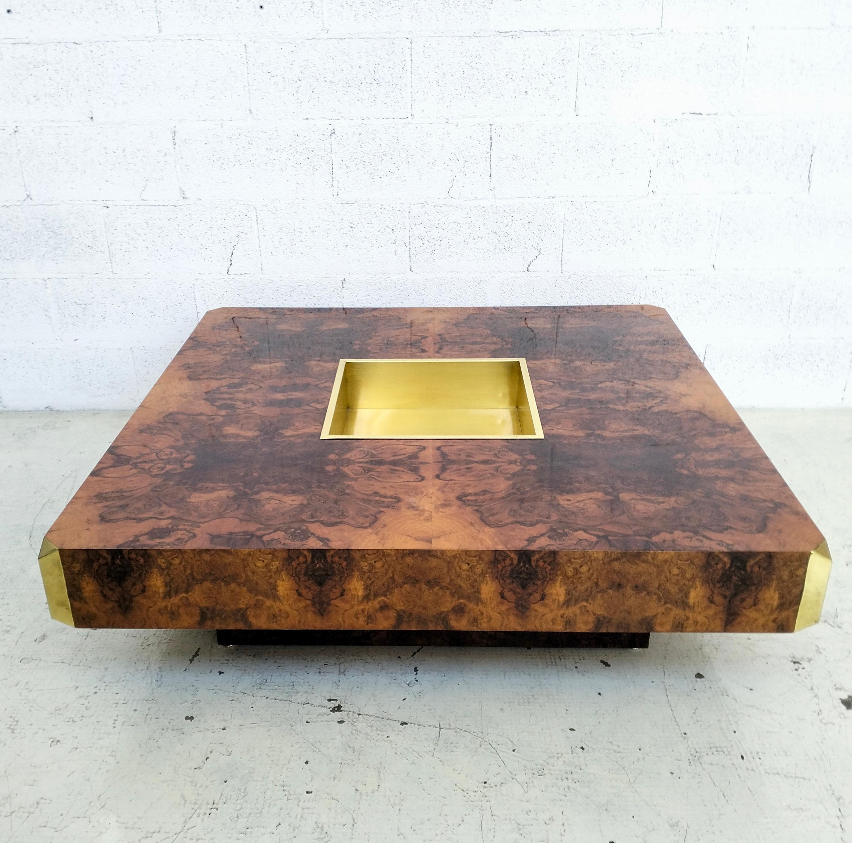Table basse en loupe et laiton Alveo par Willy Rizzo pour Sabot - Italie 70's Bon état - En vente à Padova, IT