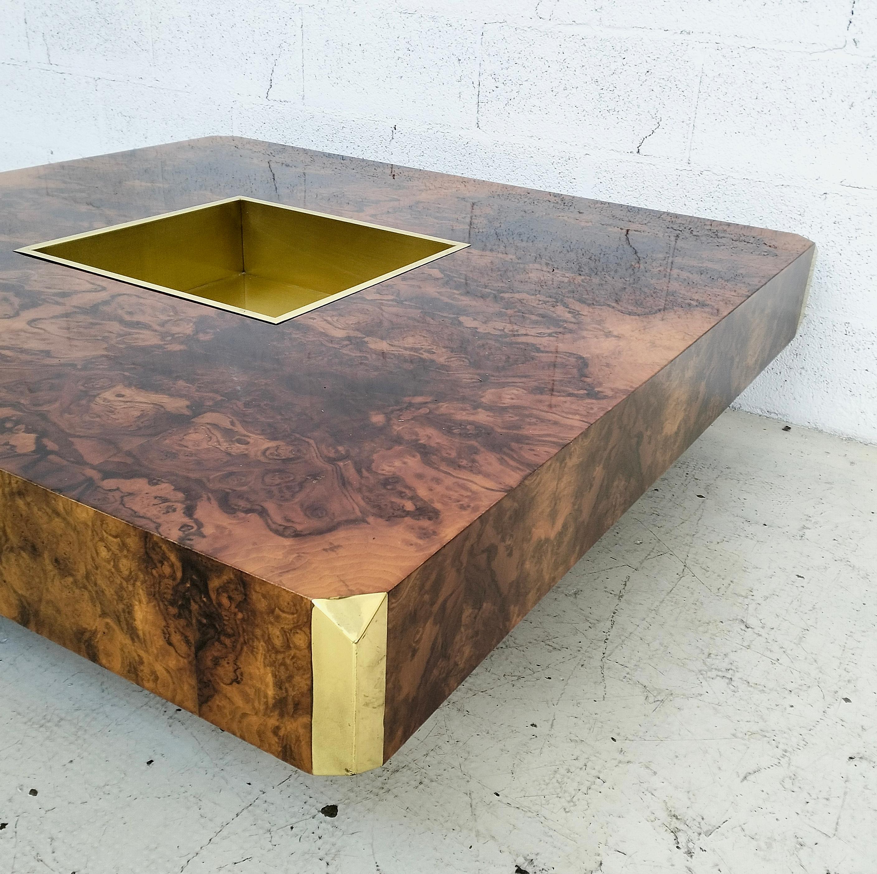 Laiton Table basse en loupe et laiton Alveo par Willy Rizzo pour Sabot - Italie 70's en vente