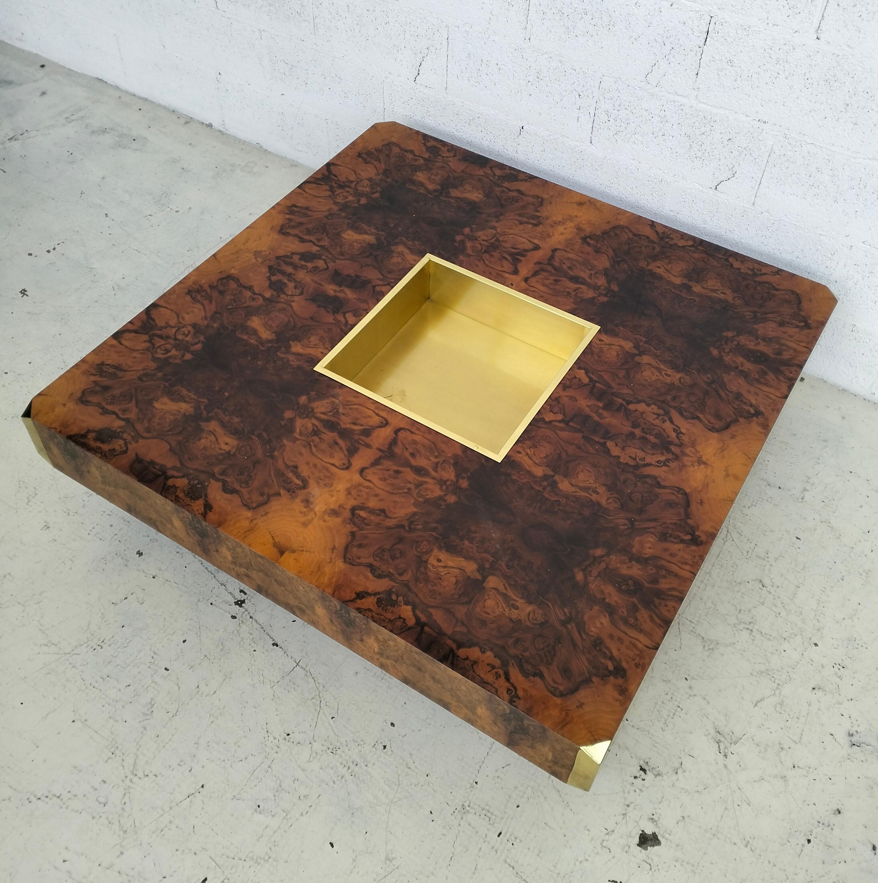 Table basse en loupe et laiton Alveo par Willy Rizzo pour Sabot - Italie 70's en vente 1