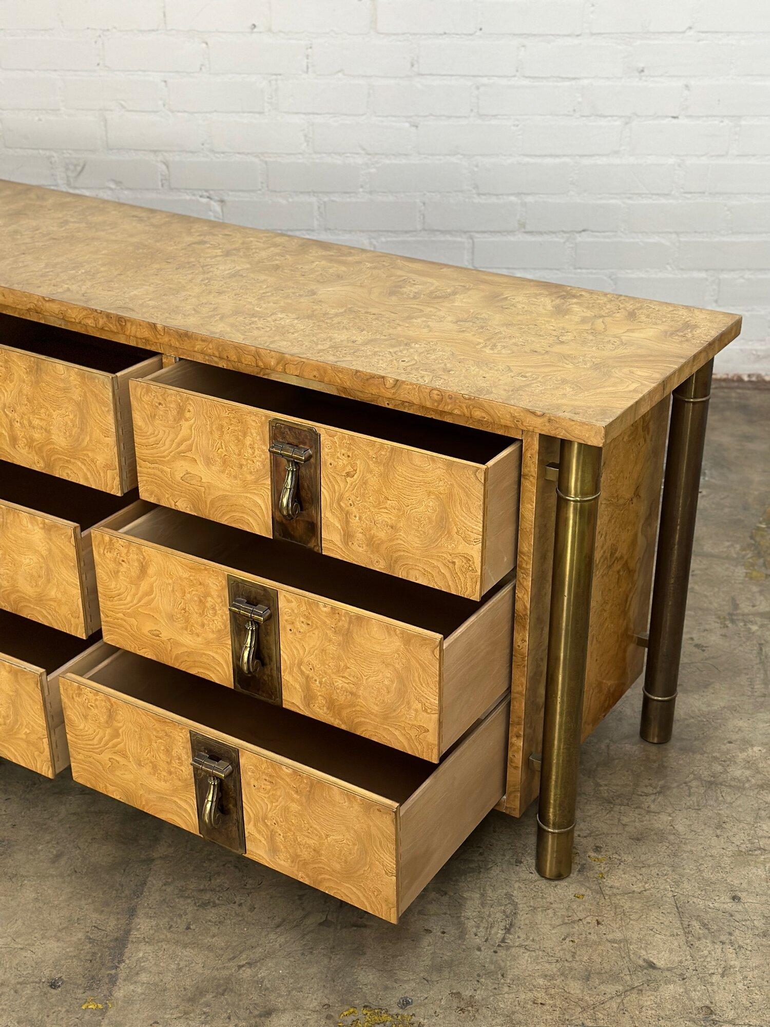 Mid-20th Century Burlwood and Brass Nine Drawer Dresser