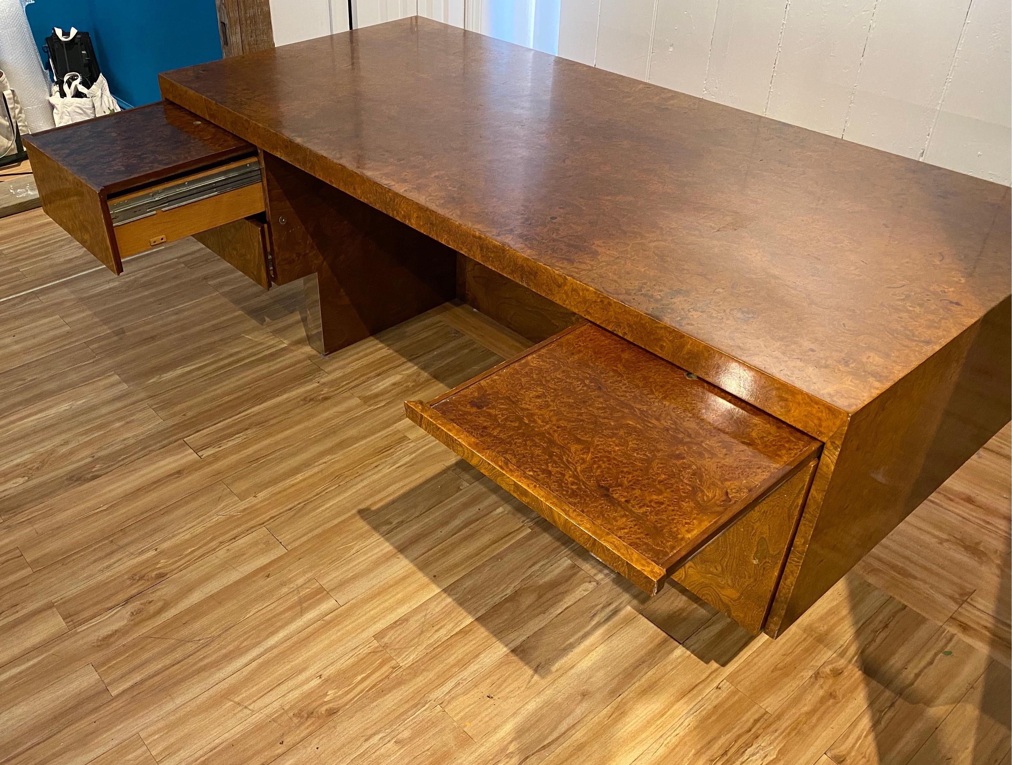Burl Wood and Polished Steel Desk by Leon Rosen for Pace Collection, circa 1970 5