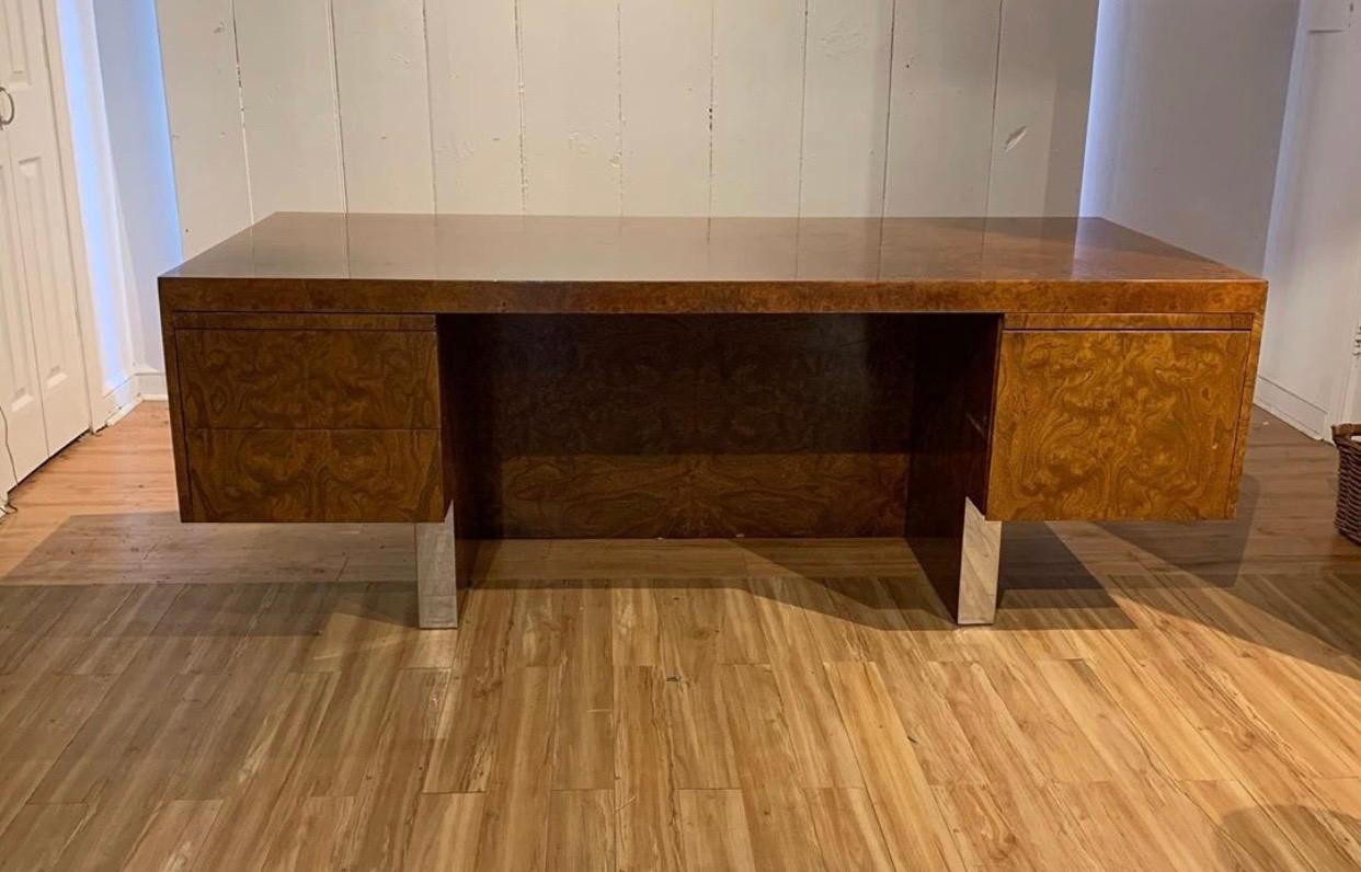 Great burl wood and polished stainless steel desk by Leon Rosen for Pace Collection, circa 1970.