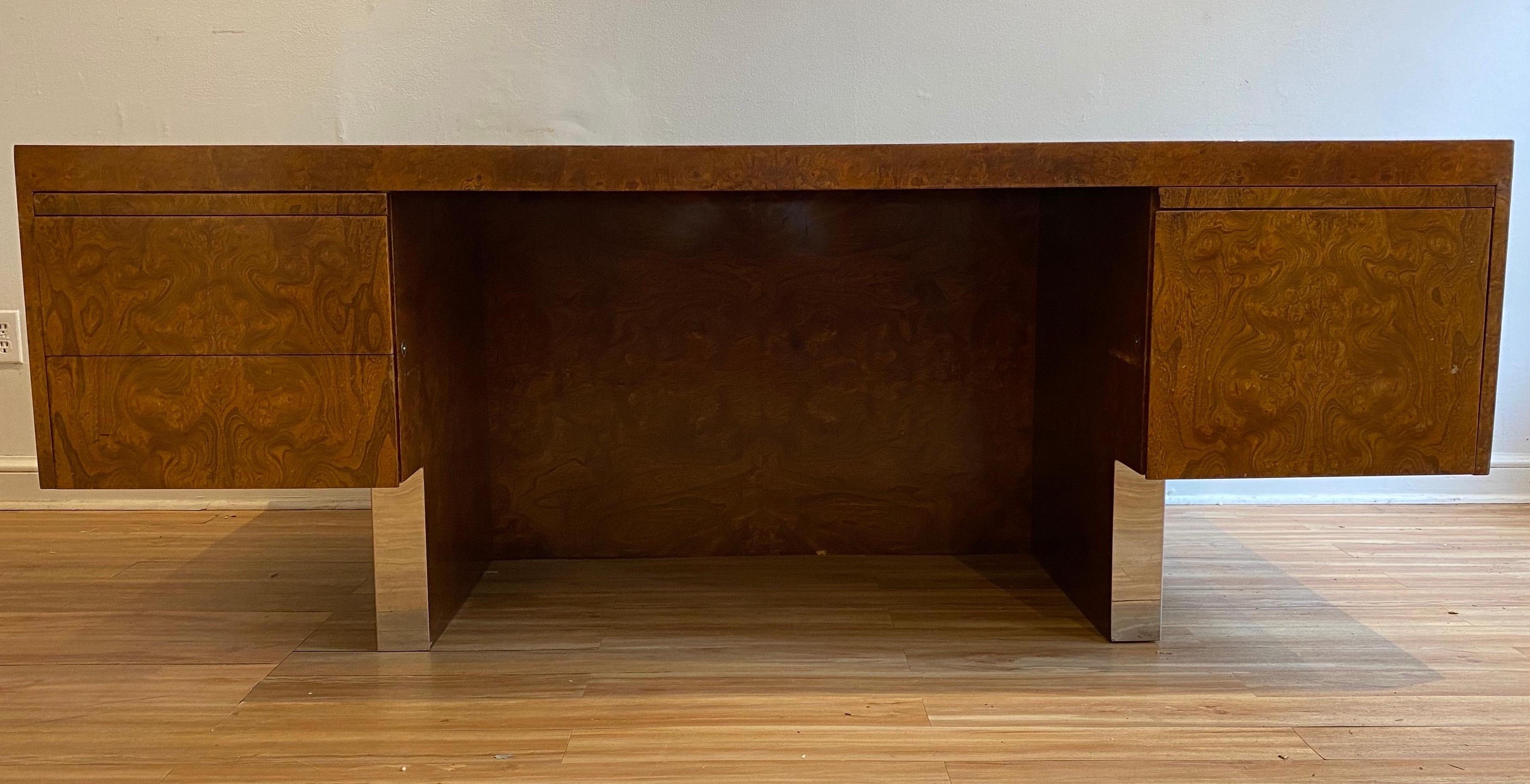 Burl Wood and Polished Steel Desk by Leon Rosen for Pace Collection, circa 1970 In Good Condition In Charleston, SC