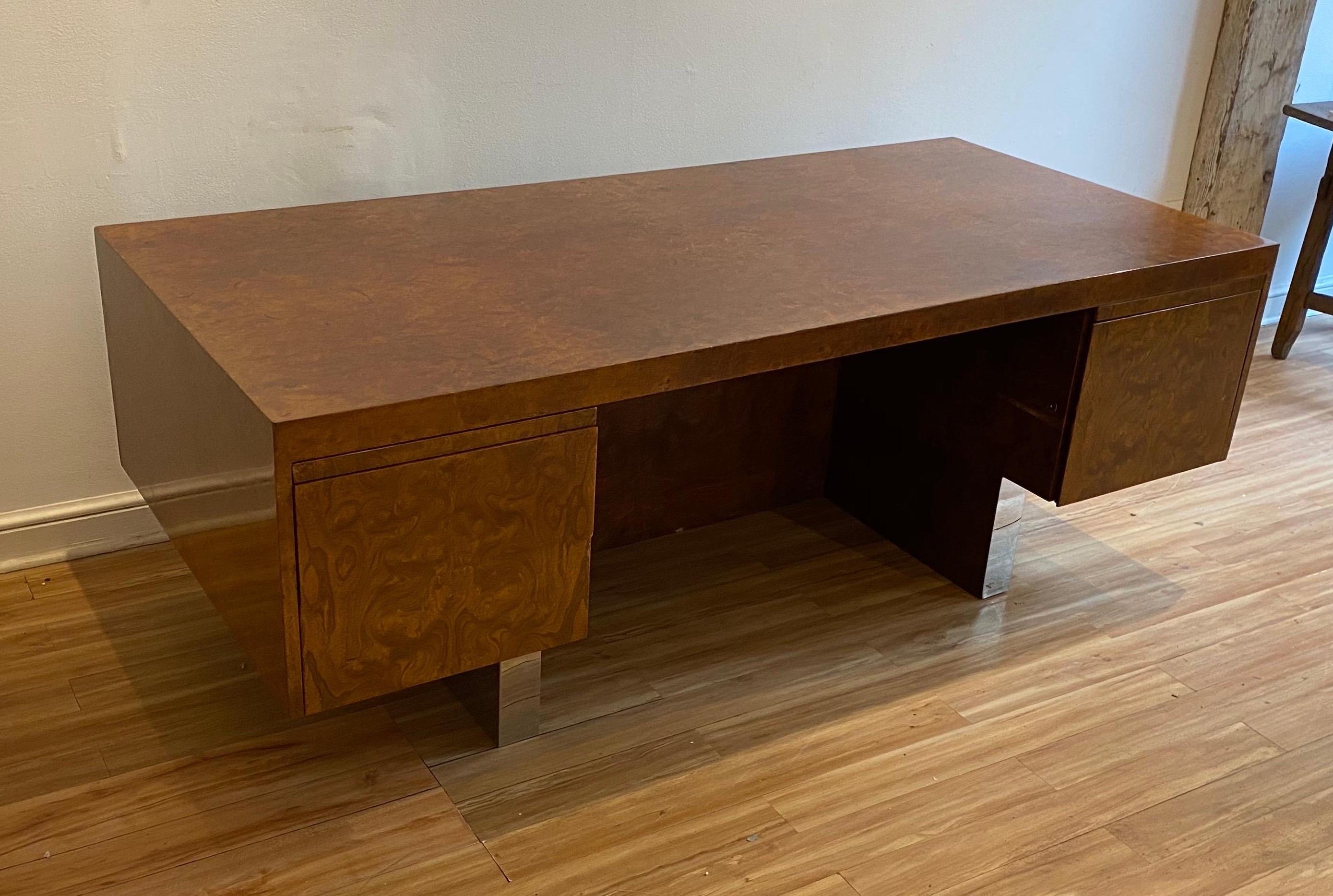 Late 20th Century Burl Wood and Polished Steel Desk by Leon Rosen for Pace Collection, circa 1970