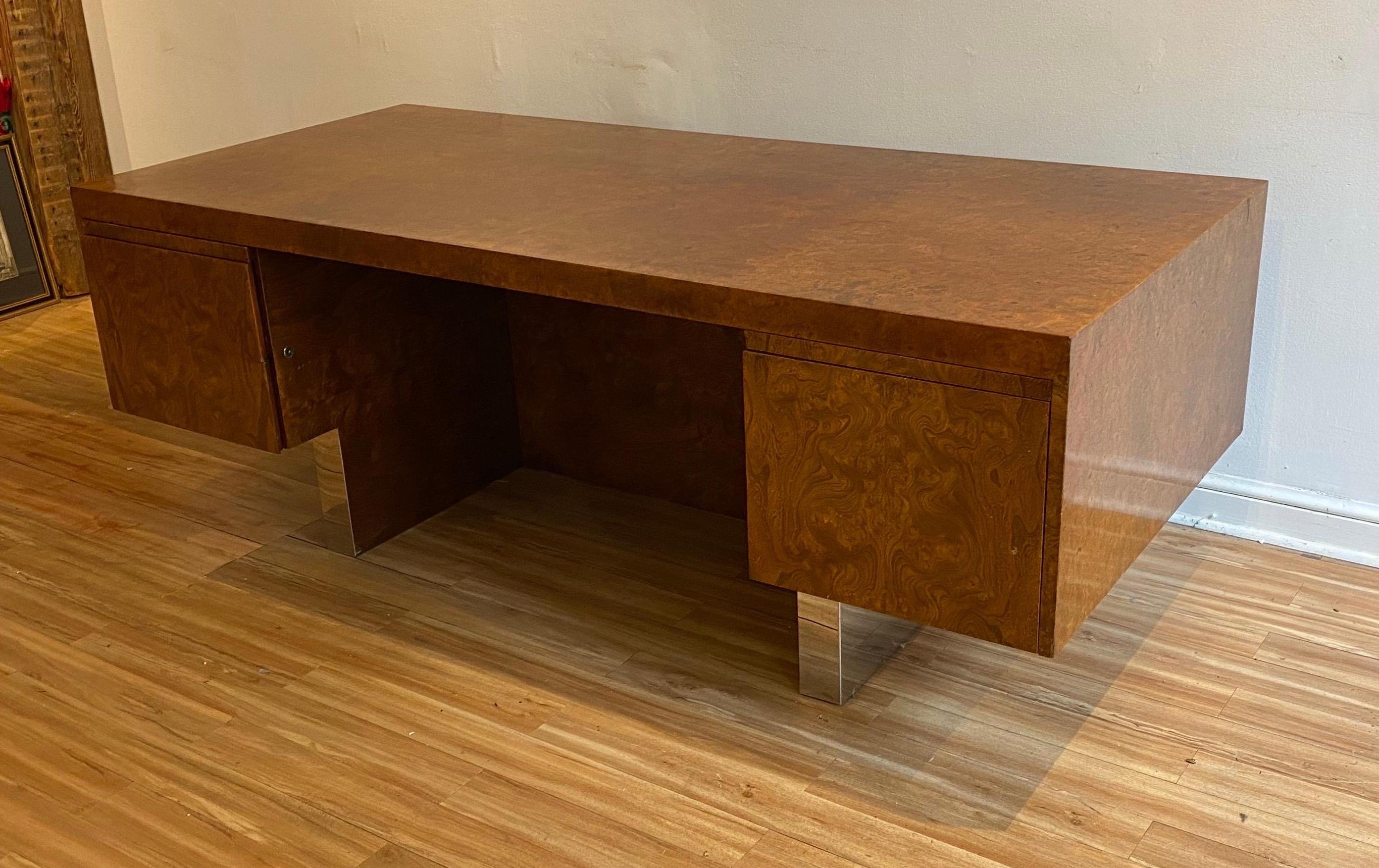 Stainless Steel Burl Wood and Polished Steel Desk by Leon Rosen for Pace Collection, circa 1970