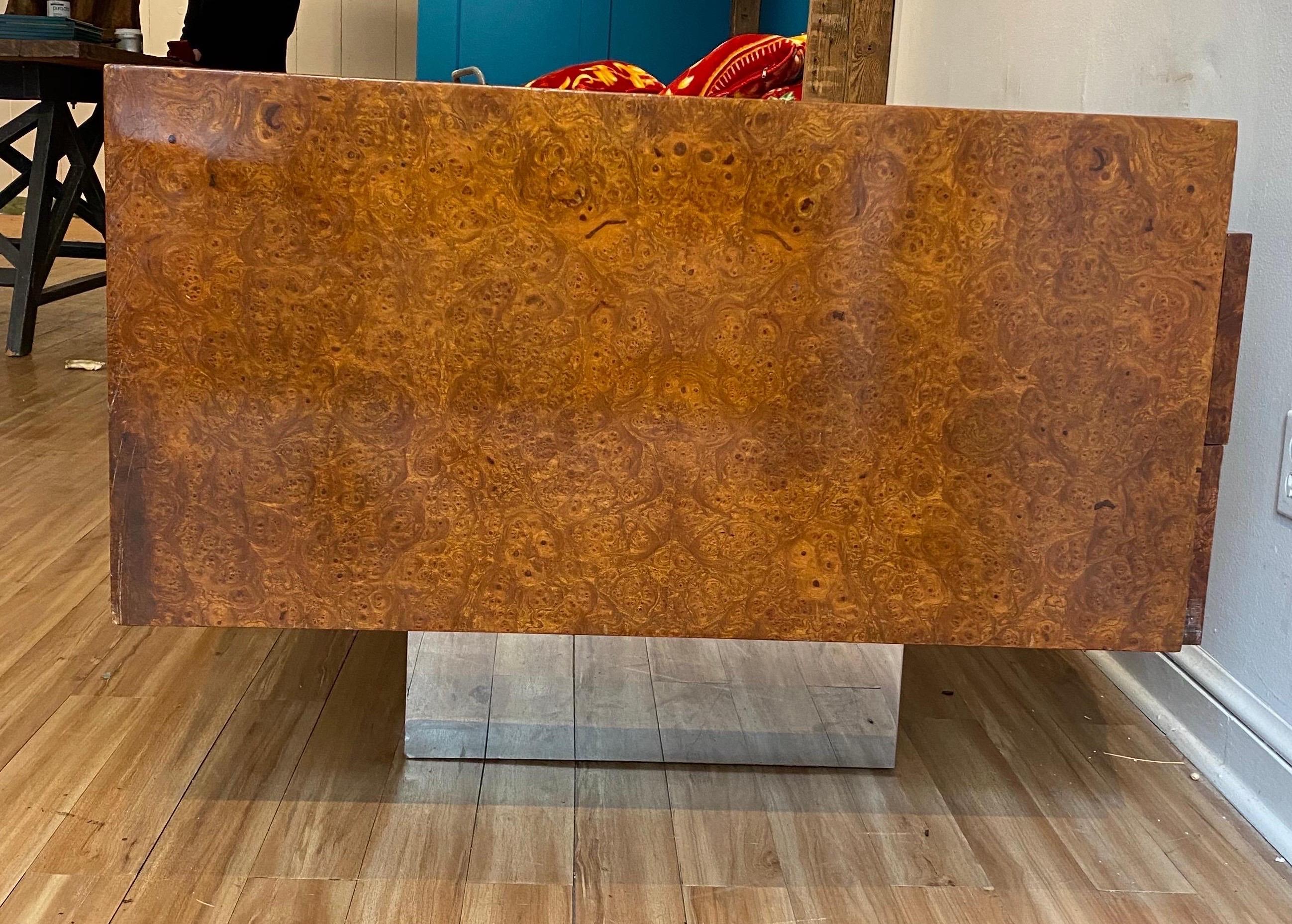 Burl Wood and Polished Steel Desk by Leon Rosen for Pace Collection, circa 1970 3