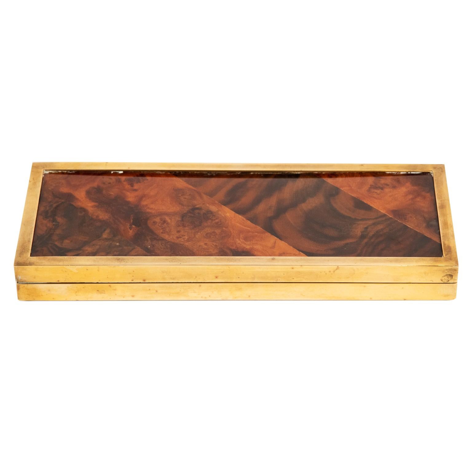 This gorgeous svelte box is made with a rich brown burl wood veneer top over a wood base, brown acrylic base surrounded by a patinated brass frame. The box is unhinged and the top and bottom fit snuggly together.