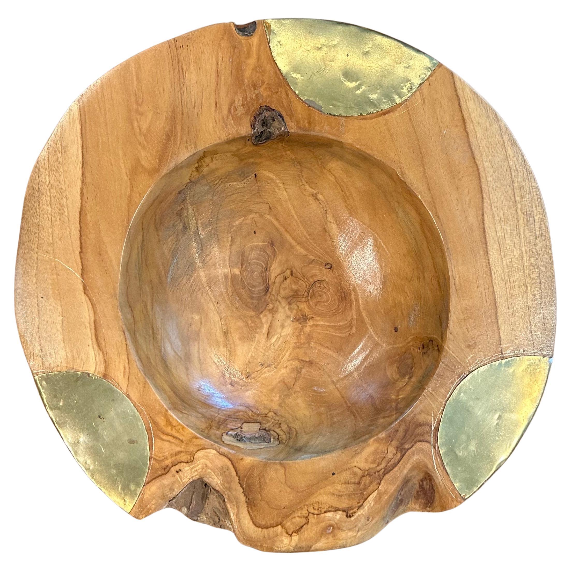 American Burlwood Centerpiece Bowl with Brass Accents For Sale