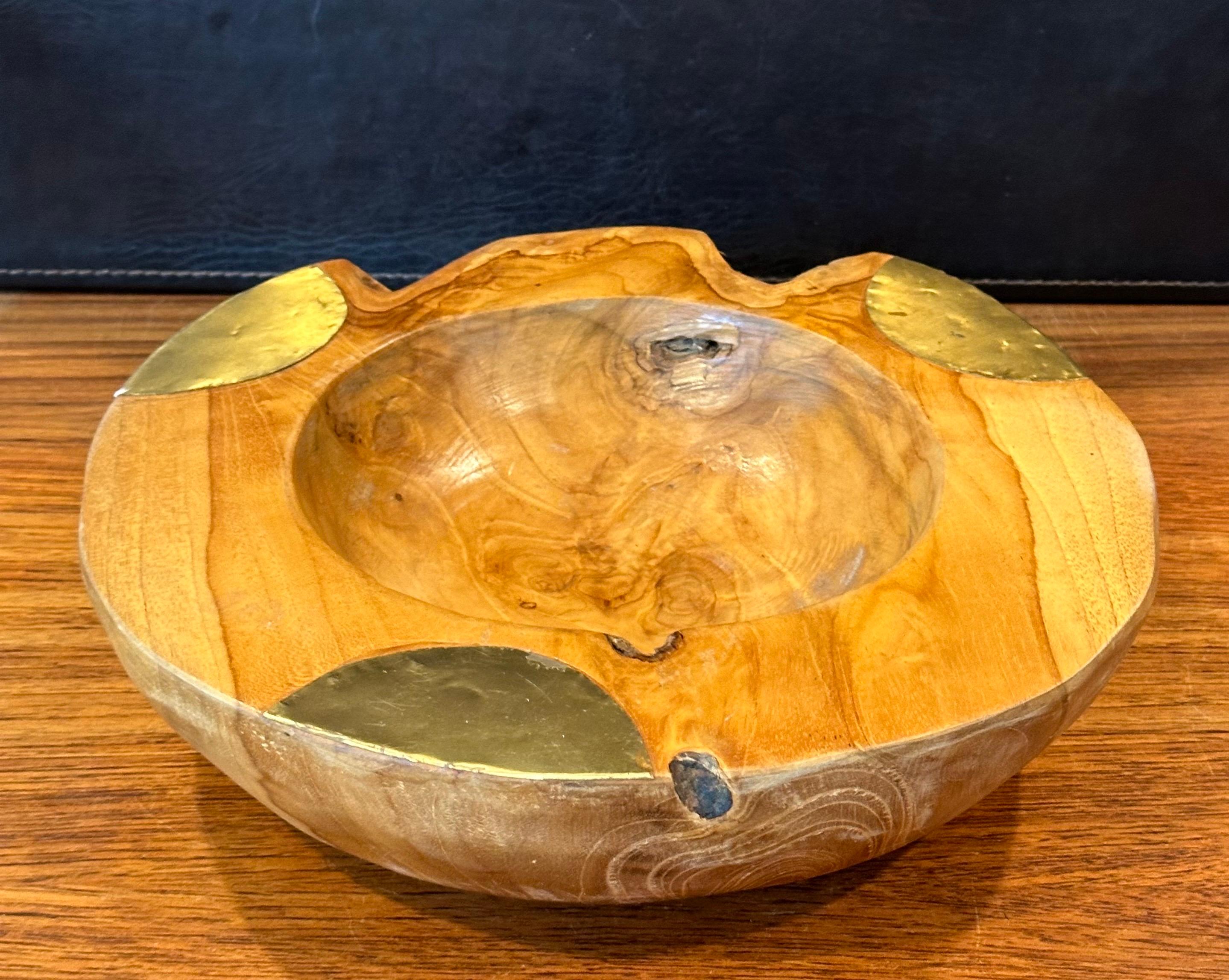20th Century Burlwood Centerpiece Bowl with Brass Accents For Sale