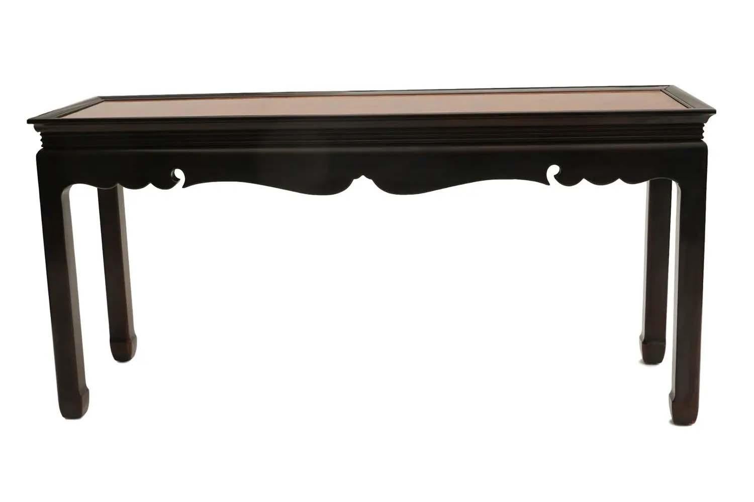 Elegant and graceful console table, black painted base console with oak, burl wood & elm wood top. A reproduction of a Ming Dynasty (1368-1644). This long table reflects the Ming aesthetic that simplicity is beauty. Hand applied multi-layer of
