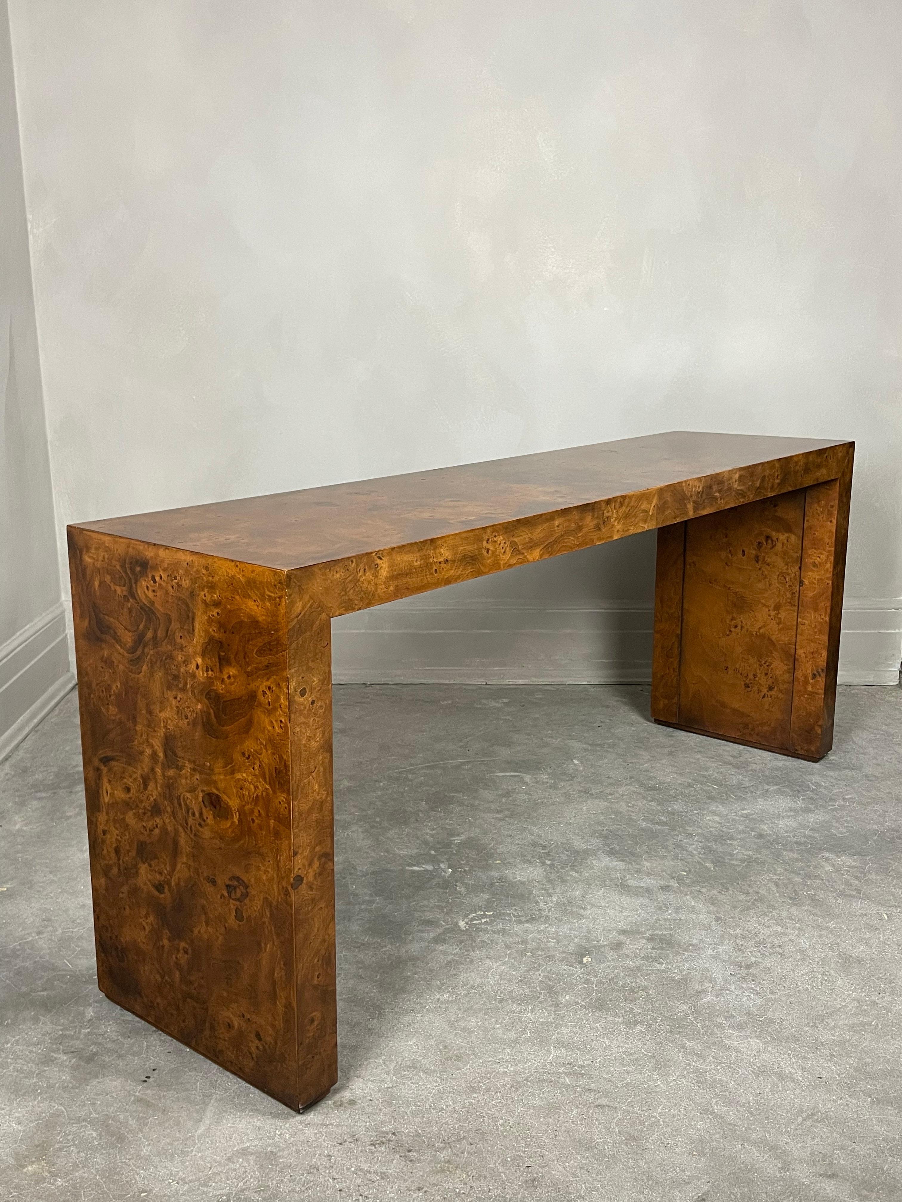 Burlwood Console Table Attributed to Milo Baughman In Good Condition In Chicago, IL