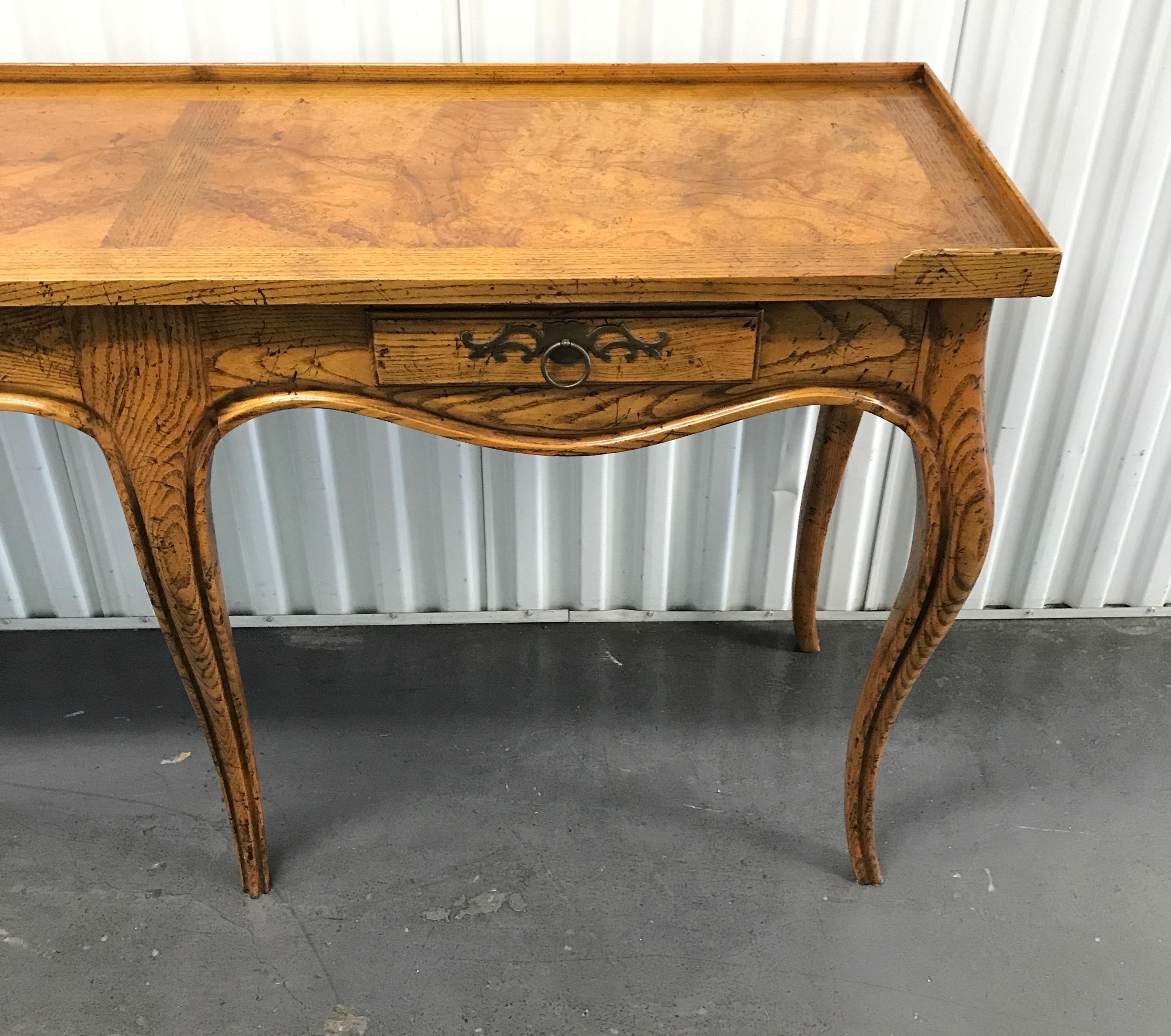 Burlwood and oak cabriolet leg console table with two drawers by Milling road collection for Baker.