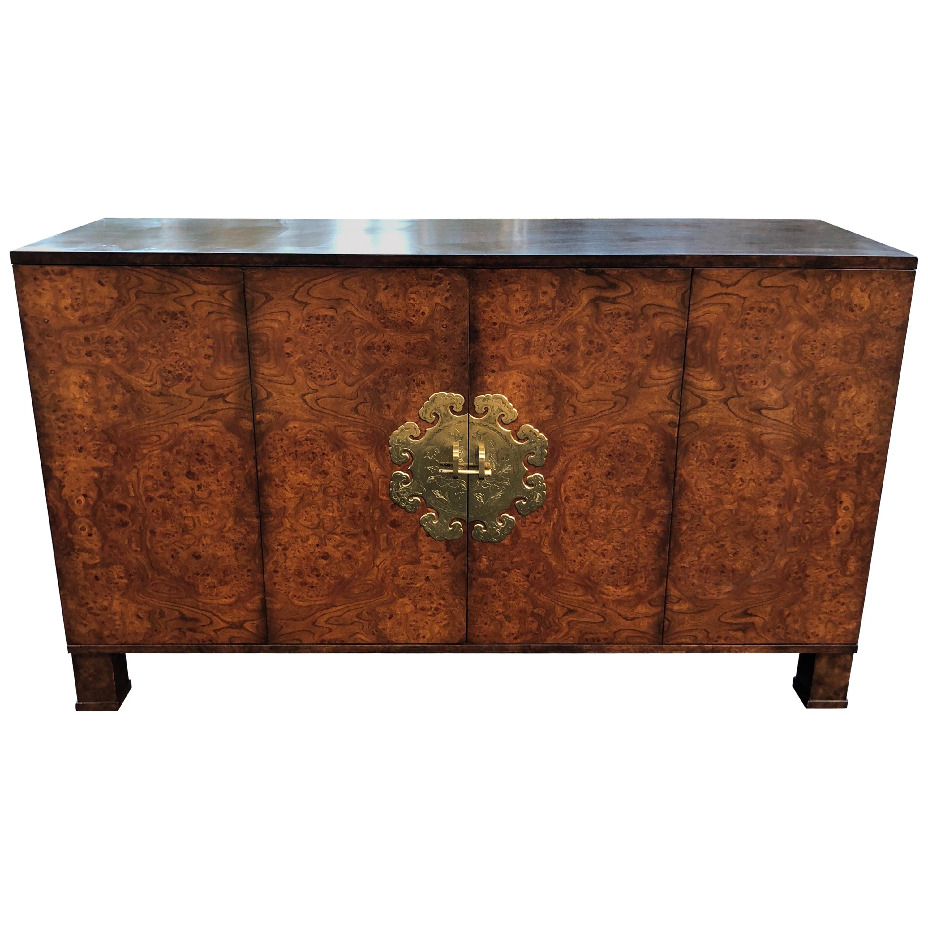 Burl Wood Credenza with Brass Hardware at 1stDibs