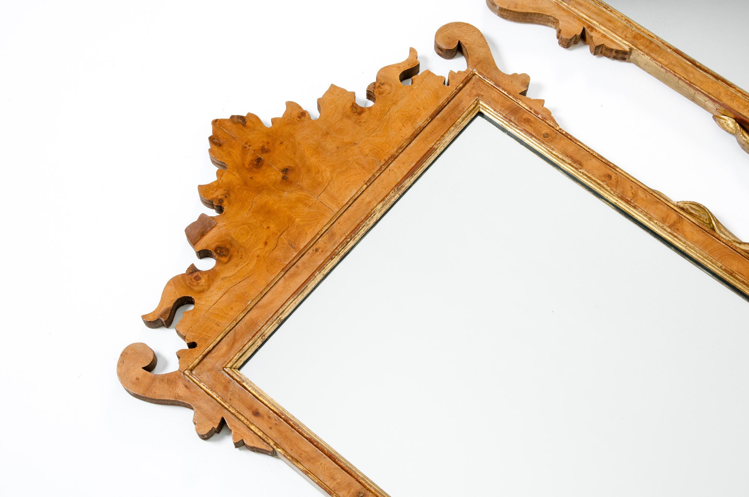 Burlwood / Gilt Gold Frame Pair Hanging Wall Mirror 1