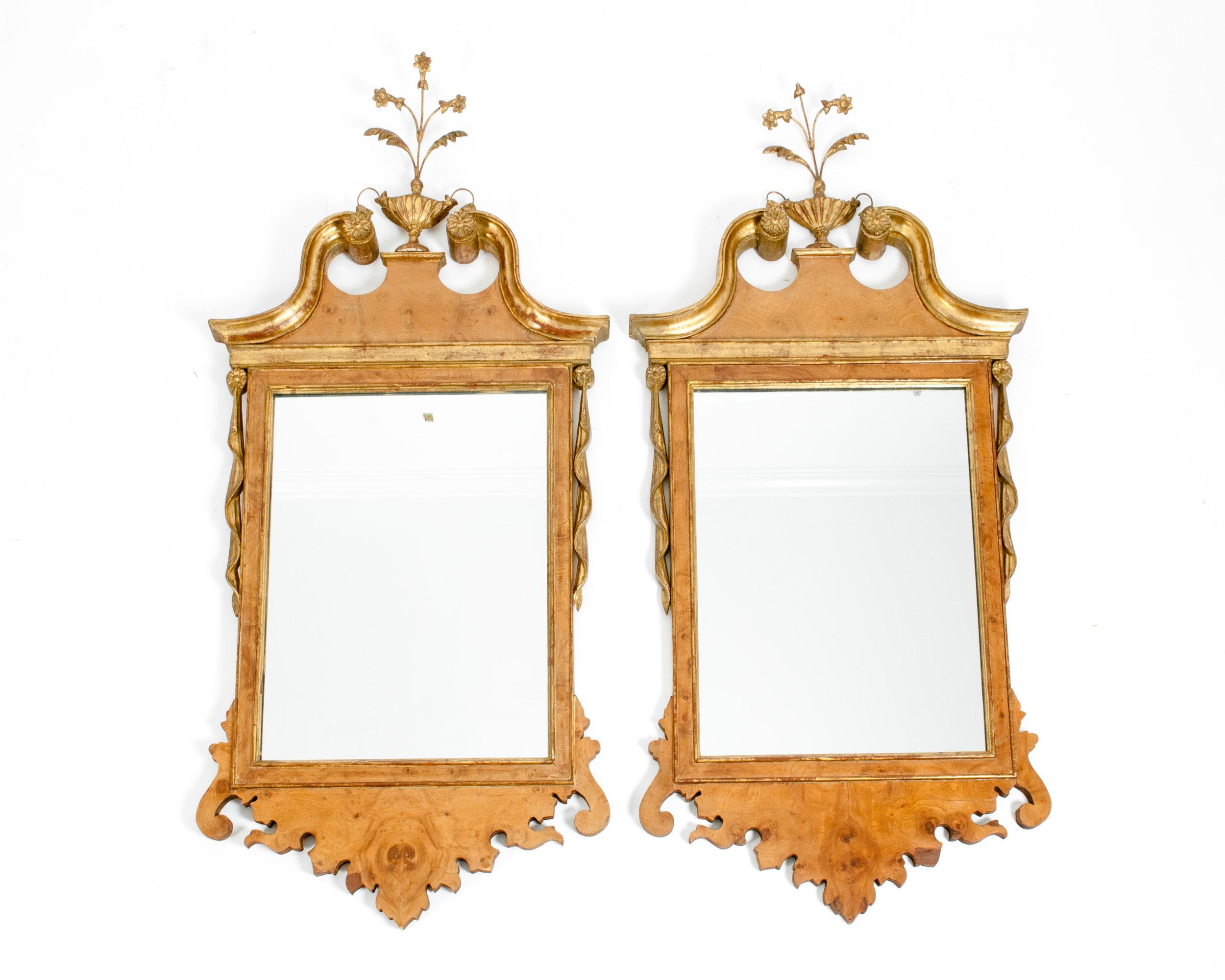 Burlwood / Gilt Gold Frame Pair Hanging Wall Mirror 3
