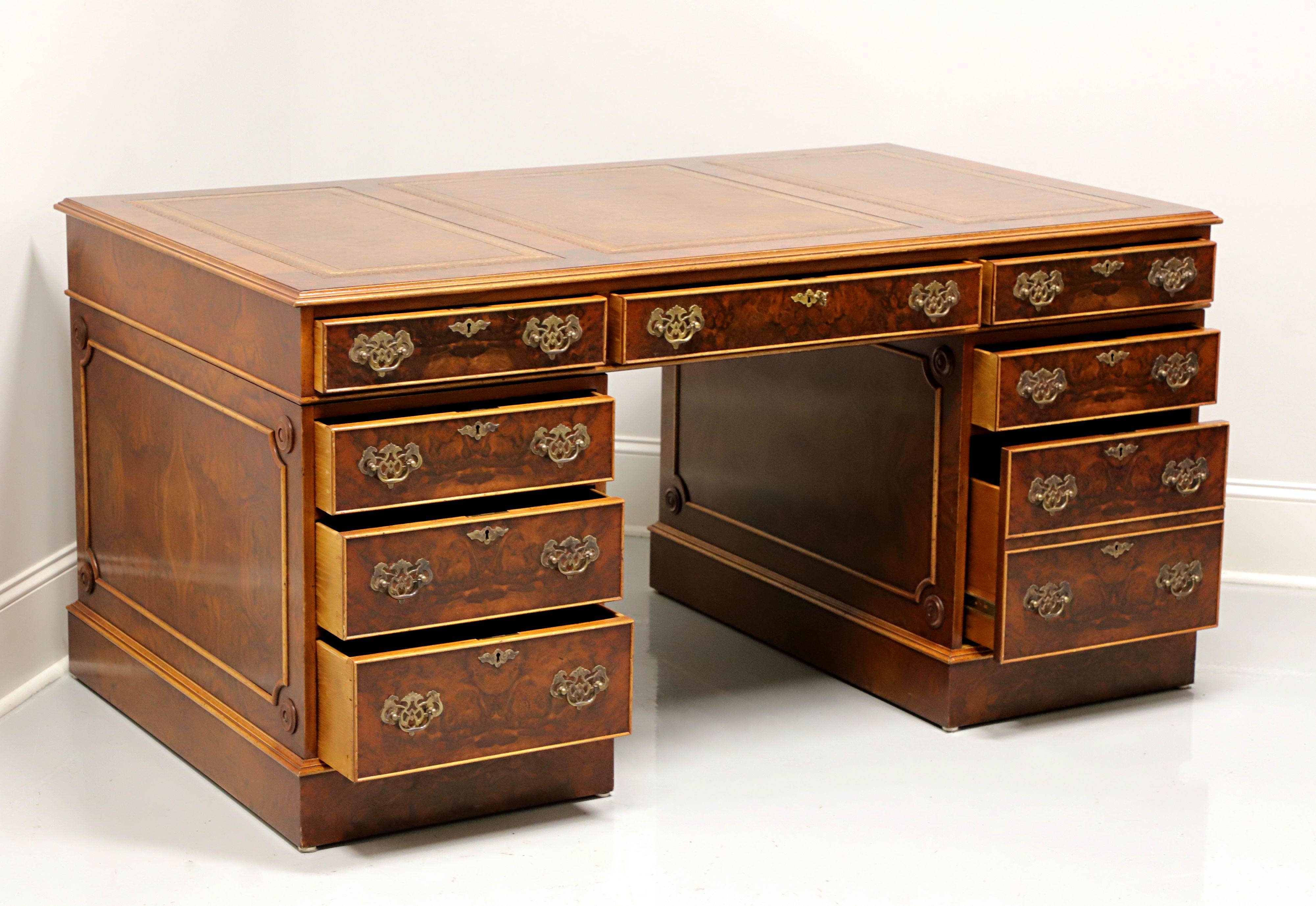 Burlwood Inlaid Mahogany Leather Top Executive Desk In Good Condition In Charlotte, NC