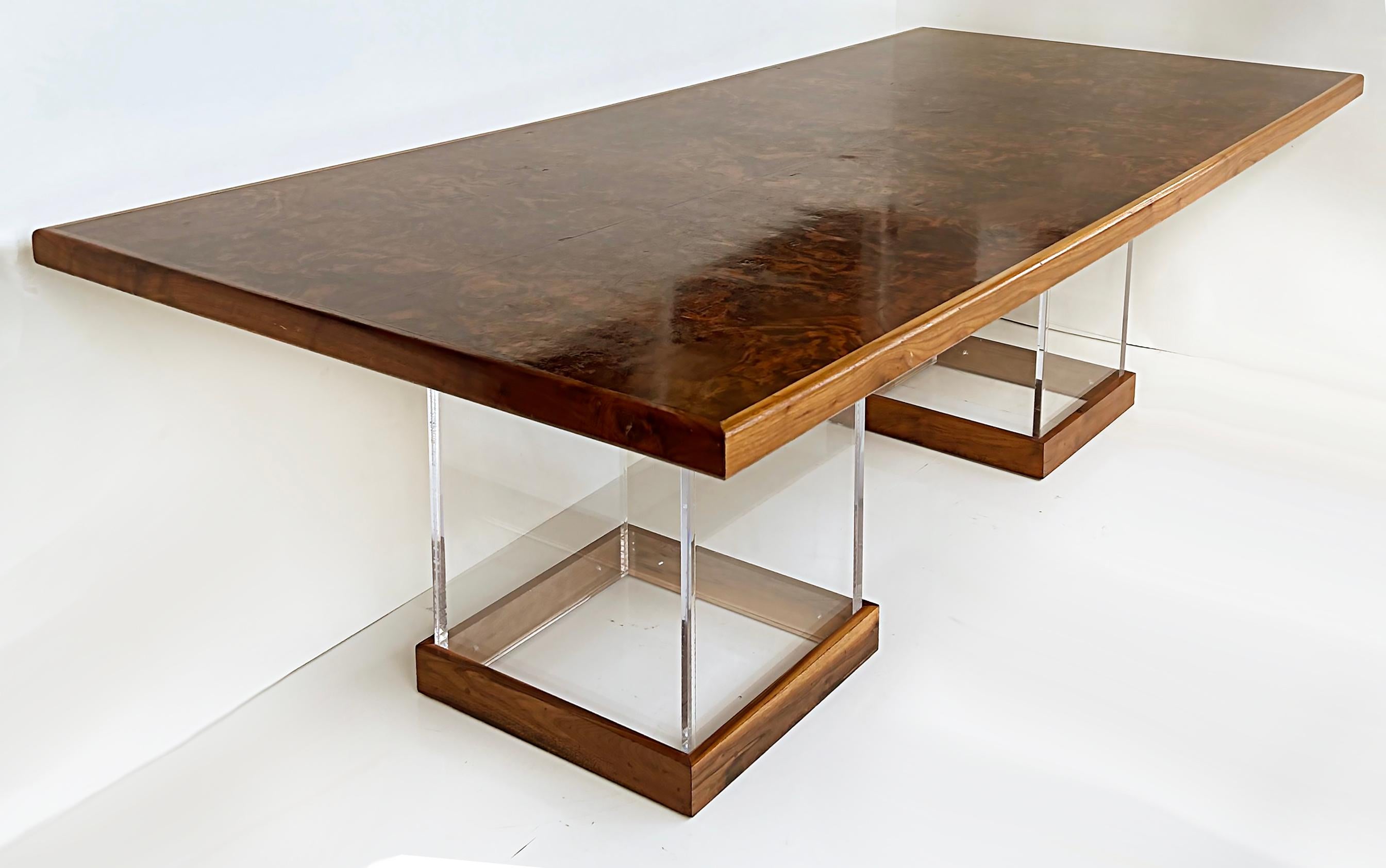 Burlwood Matched Grain Dining Table with Lucite Pedestal Bases 3