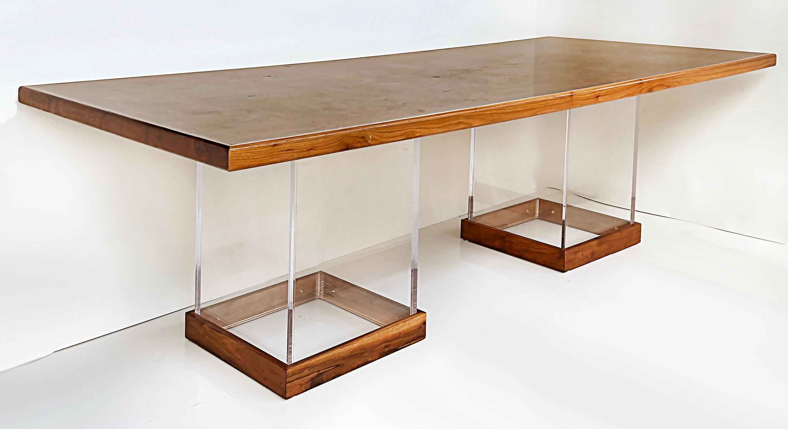 20th Century Burlwood Matched Grain Dining Table with Lucite Pedestal Bases