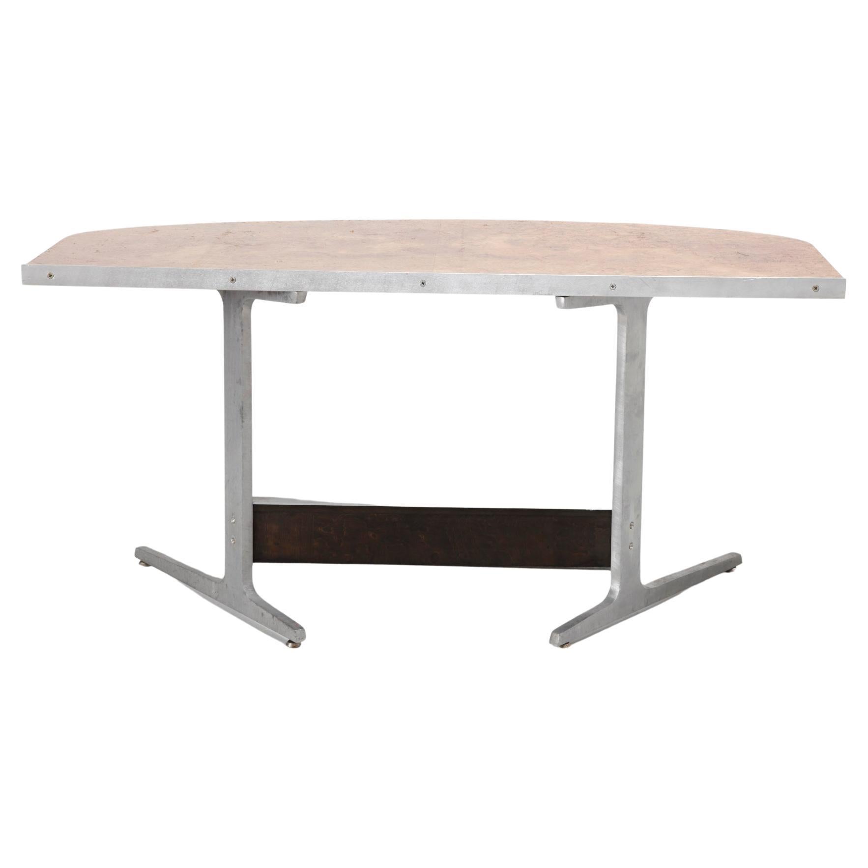 Rare Burl-wood minimalist desk with a solid wooden top and aluminium base. The top of the desk gives a floating effect. A perfect desk, table or console to place against the wall because of its contoured back with aluminum, the front is round