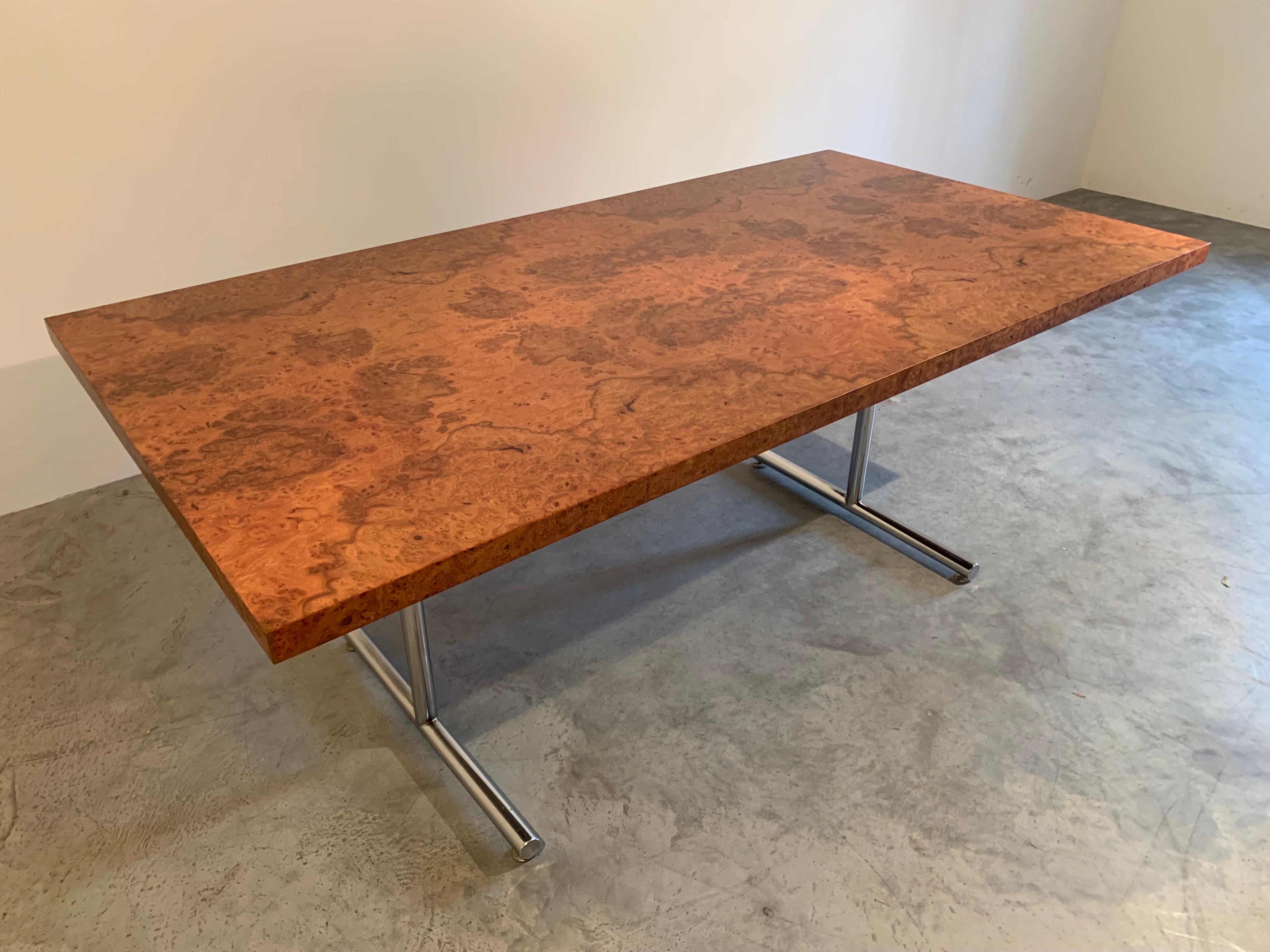 Scandinavian Modern Milo Baughman Style Burlwood Desk Or Table By Stendig-Finland 