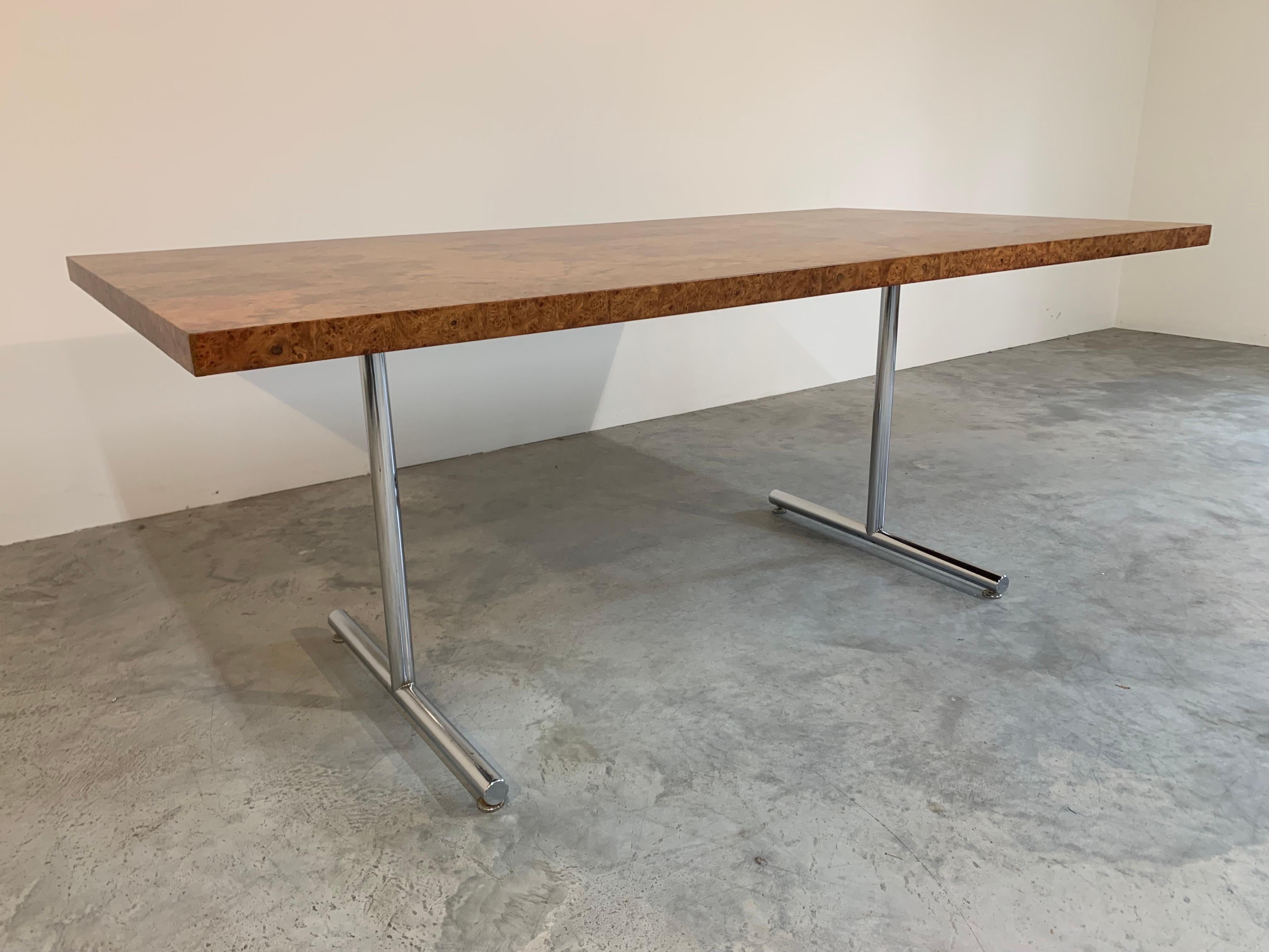 Steel Milo Baughman Style Burlwood Desk Or Table By Stendig-Finland 