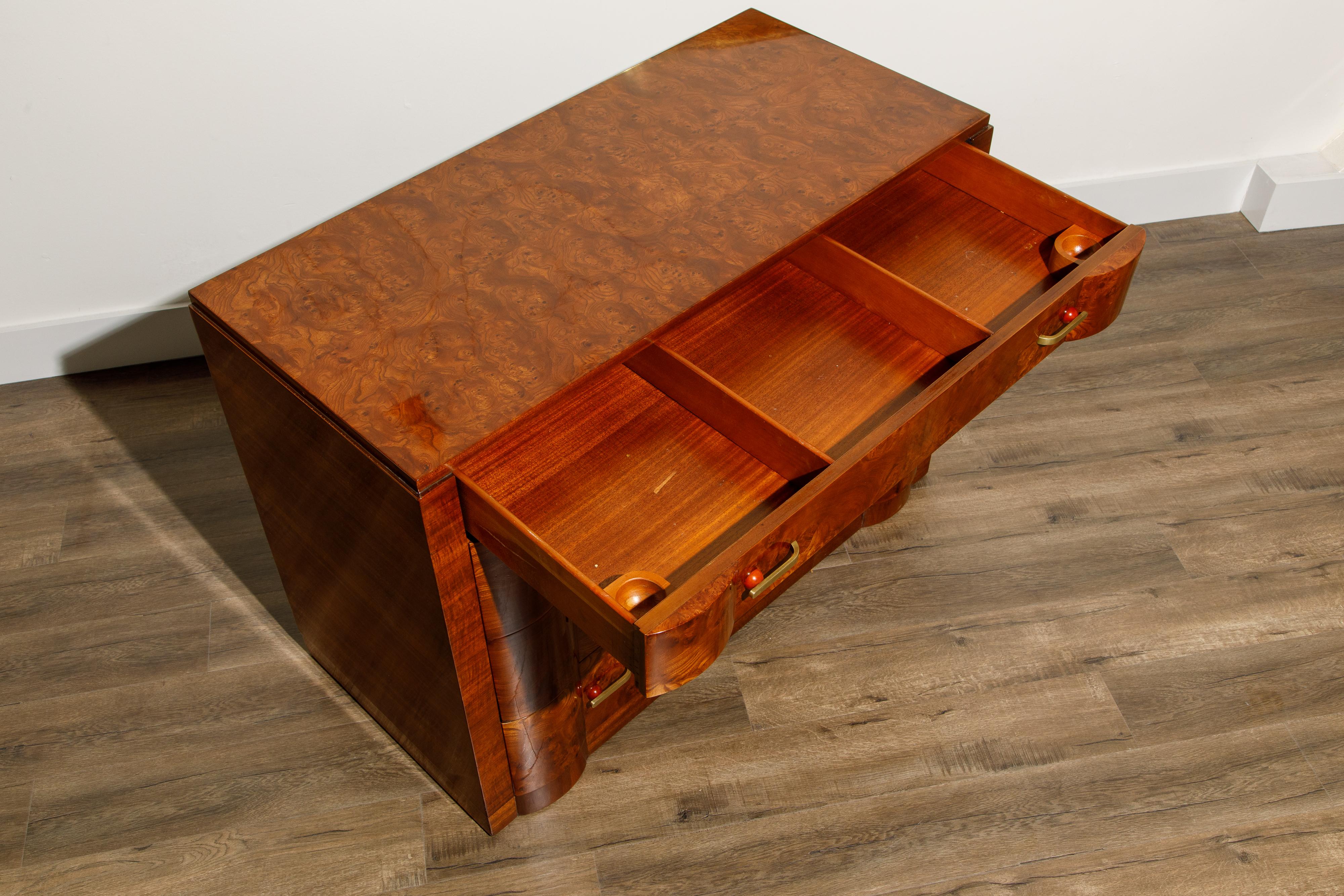 Burlwood Secretary Desk Dresser and Chest of Drawers Set in French Polish, 1930s 8