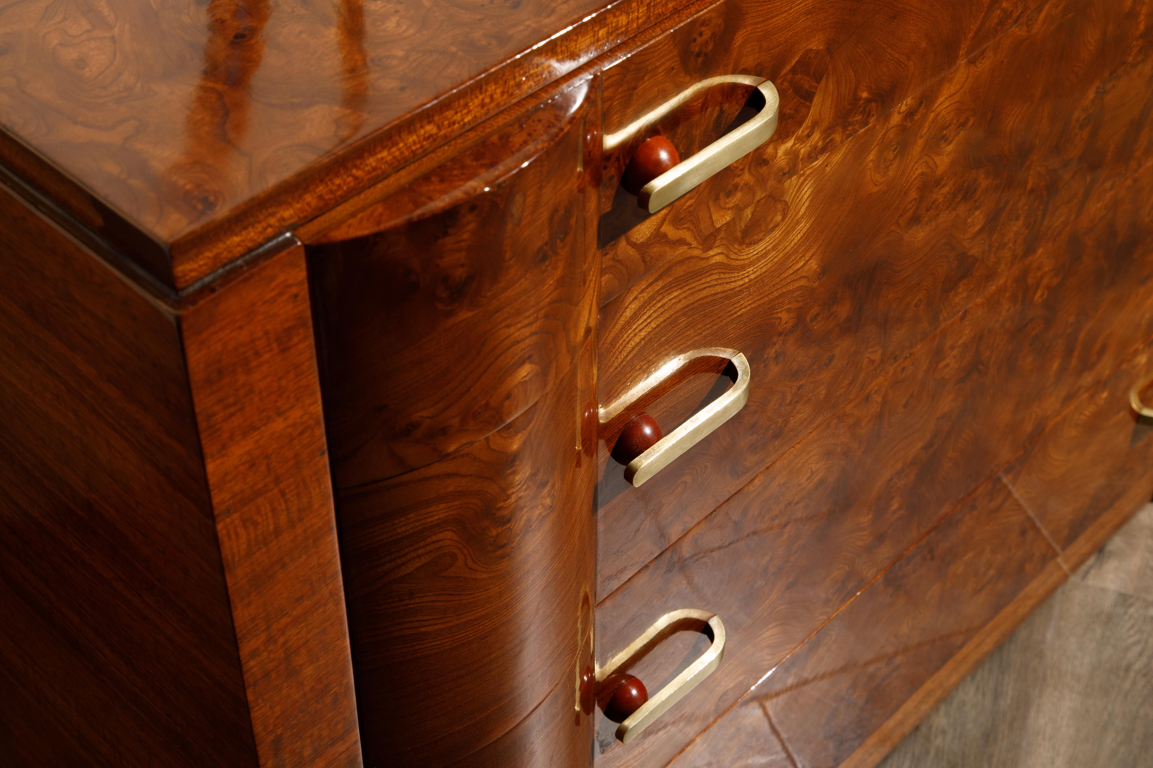 Burlwood Secretary Desk Dresser and Chest of Drawers Set in French Polish, 1930s 12