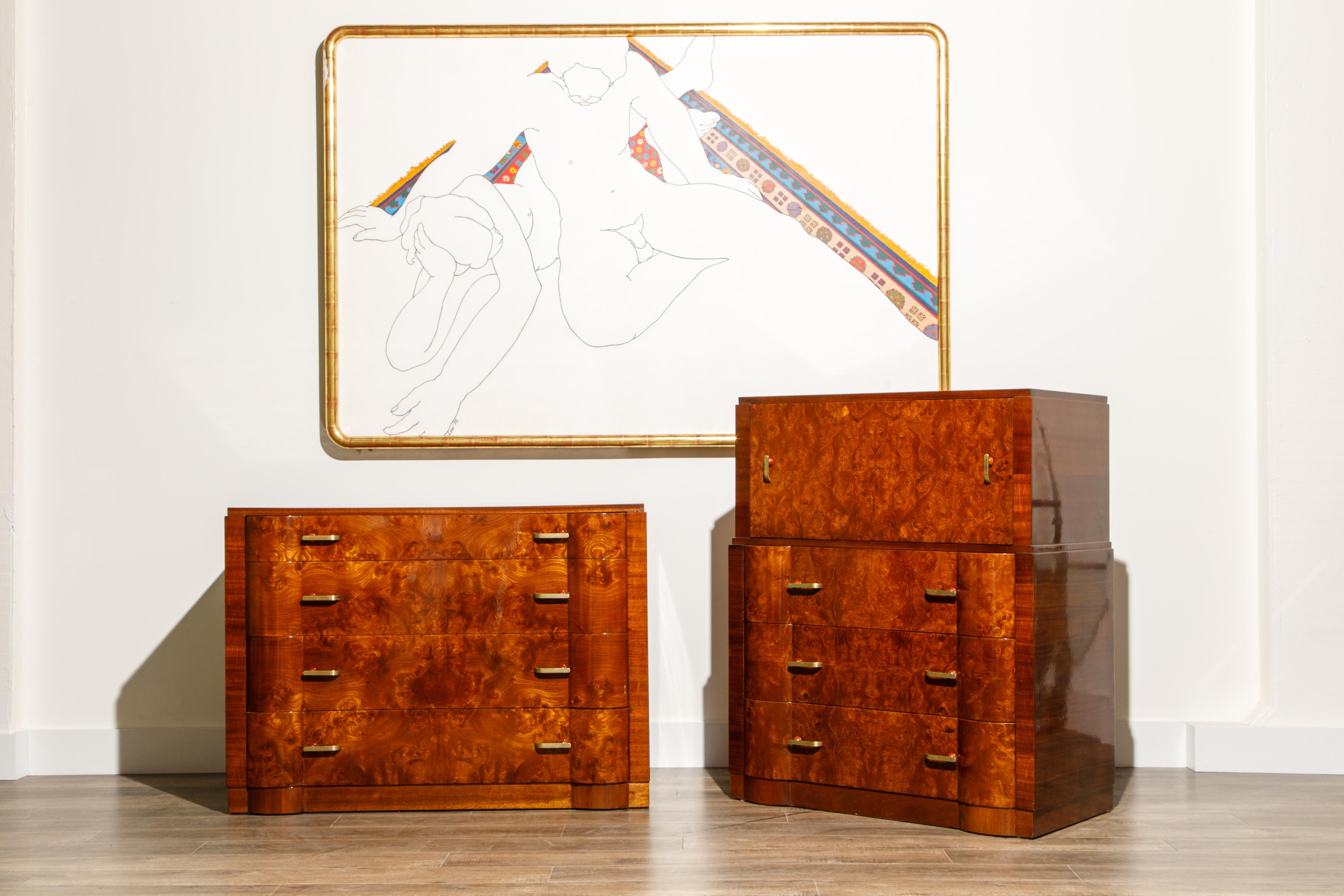 This magnificent pair of circa 1930s Art Deco Burlwood dressers were just refinished in a gorgeous French Polish which is the most luxurious, expensive and laborious finish available, providing amazing depth and detail to the exotic wood grain and