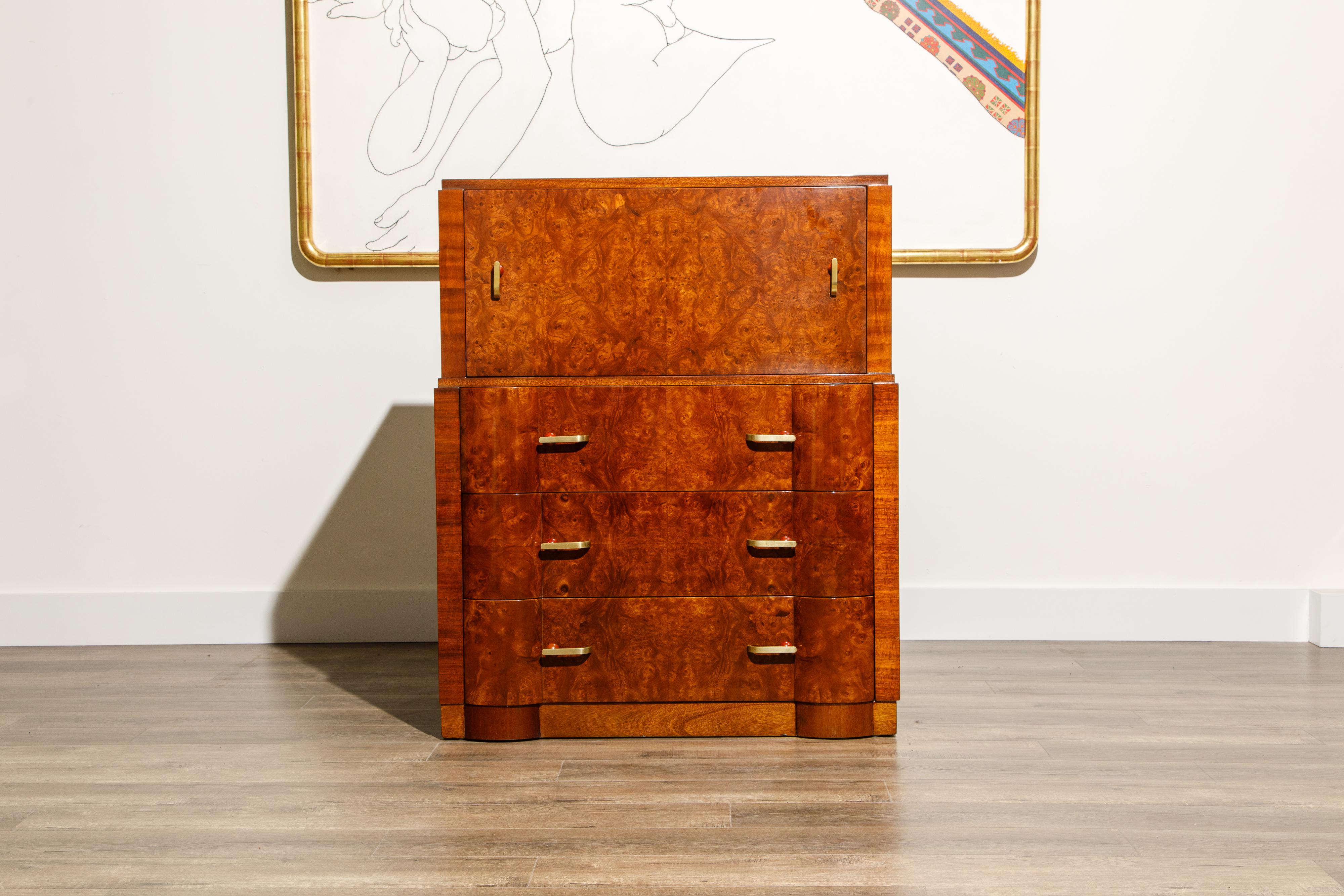 Art Deco Burlwood Secretary Desk Dresser and Chest of Drawers Set in French Polish, 1930s