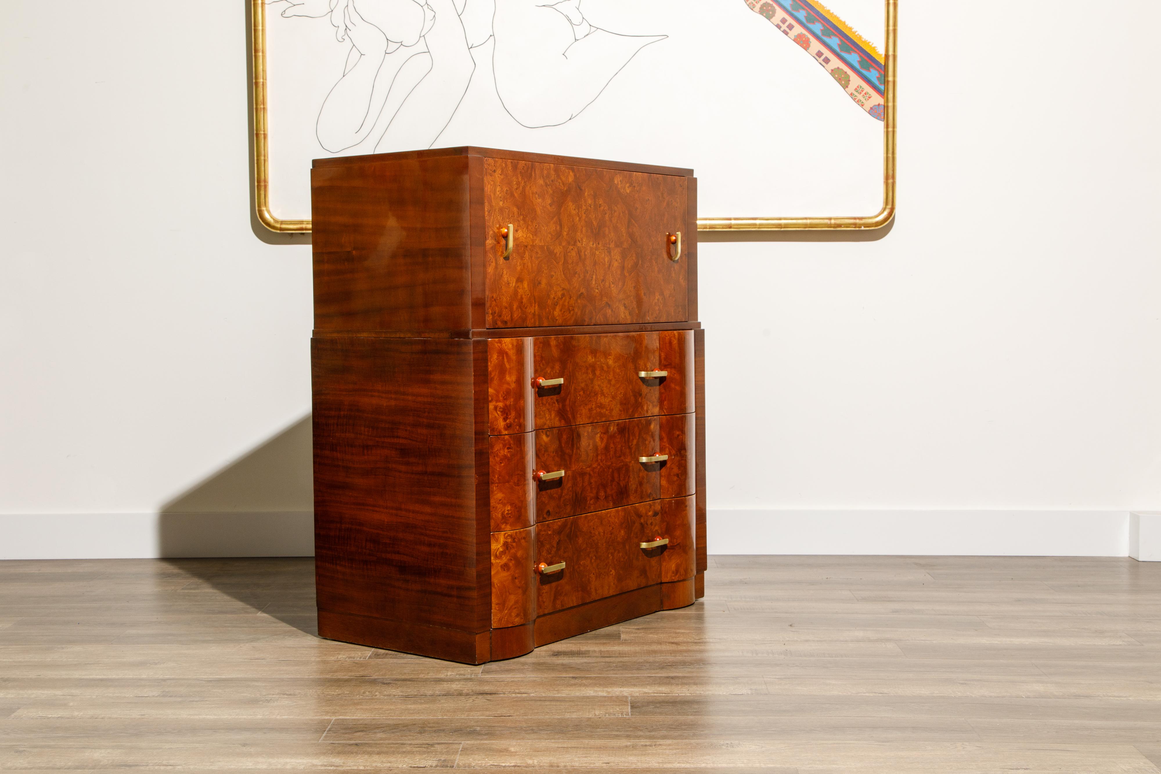 Burlwood Secretary Desk Dresser and Chest of Drawers Set in French Polish, 1930s In Excellent Condition In Los Angeles, CA