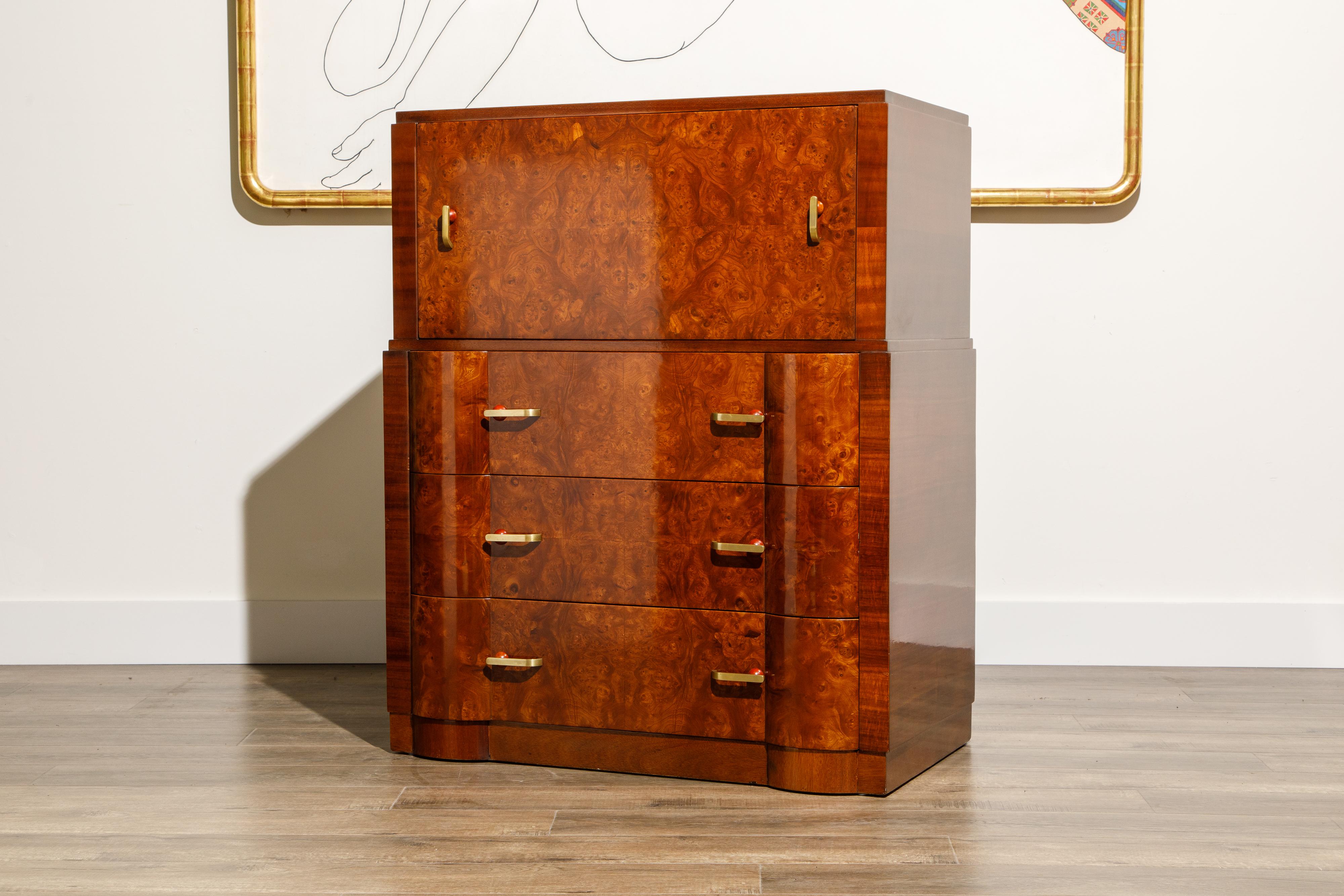 Mid-20th Century Burlwood Secretary Desk Dresser and Chest of Drawers Set in French Polish, 1930s