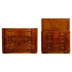 Burlwood Secretary Desk Dresser and Chest of Drawers Set in French Polish, 1930s