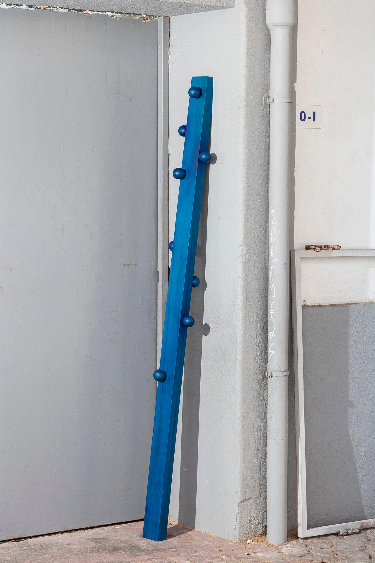 Portuguese Burly, Blue Finish Pine Wood Coat Hanger by João Xará Handmade in Portugal For Sale