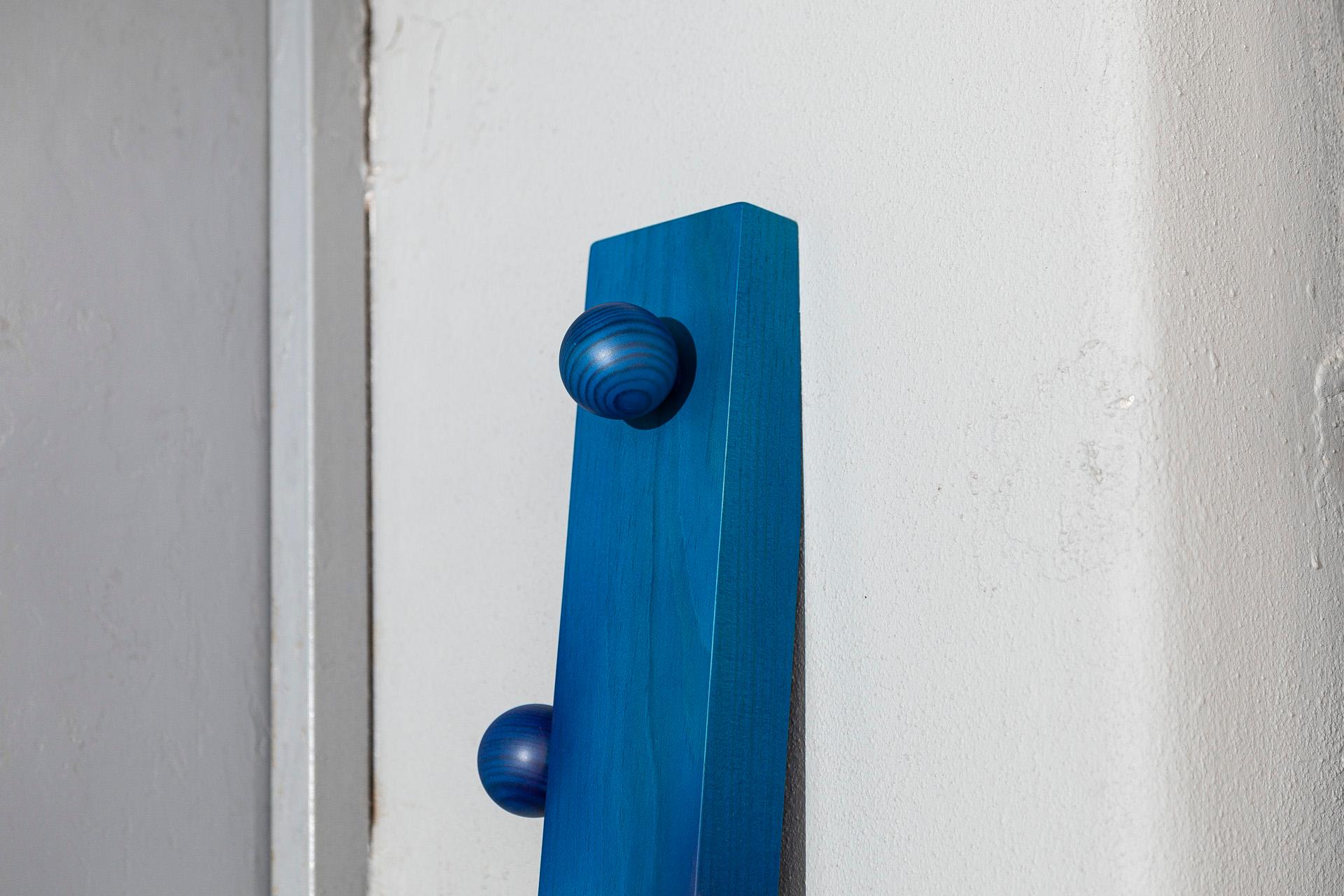 Turned Burly, Blue Finish Pine Wood Coat Hanger by João Xará Handmade in Portugal For Sale