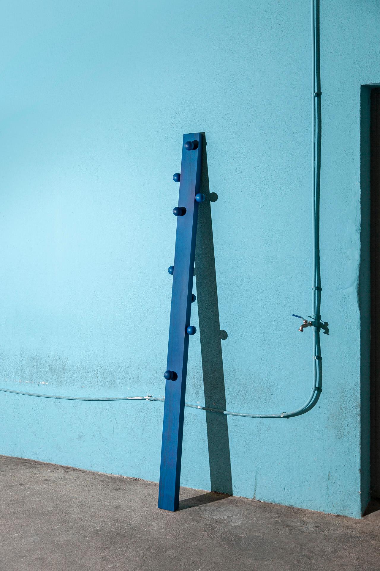 Contemporary Burly, Blue Finish Pine Wood Coat Hanger by João Xará Handmade in Portugal For Sale