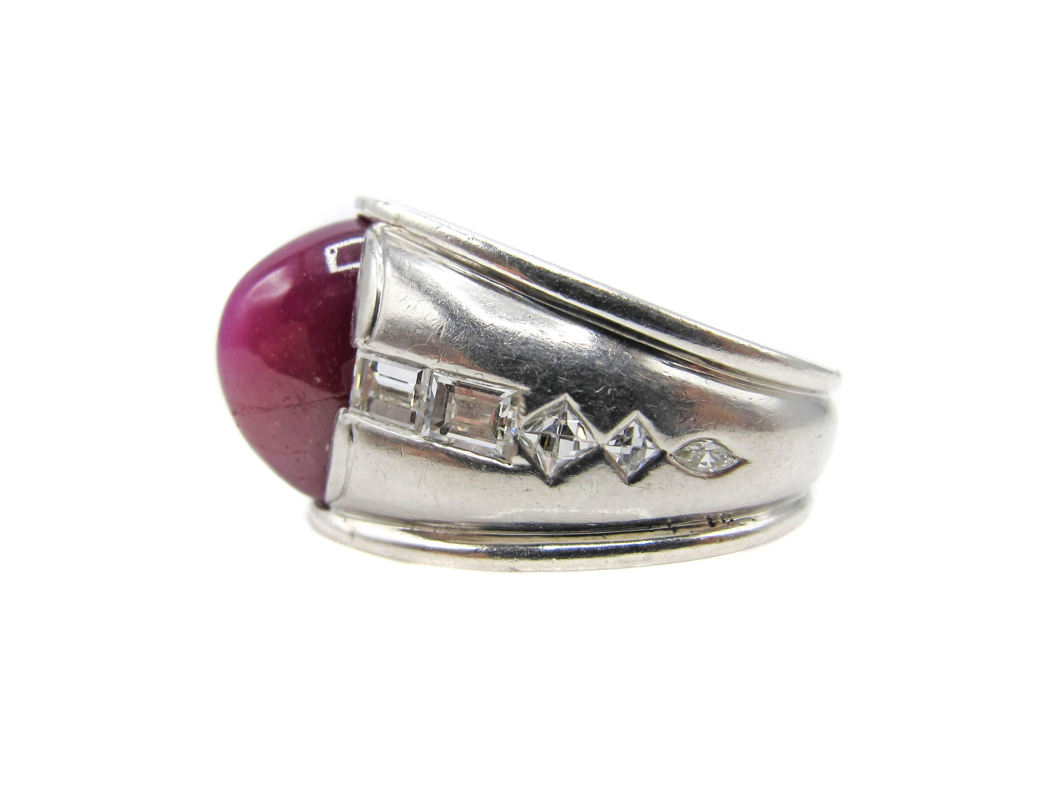 
This spectacular Burma  sugar loaf cabochon star ruby ring is set in a finely hand crafted platinum mounting. The ruby measures 12.24 mm x 8.83 mm x 8.78 mm and is estimated to weigh approximately 11 carats. Burma Star Rubies are extremely rare and