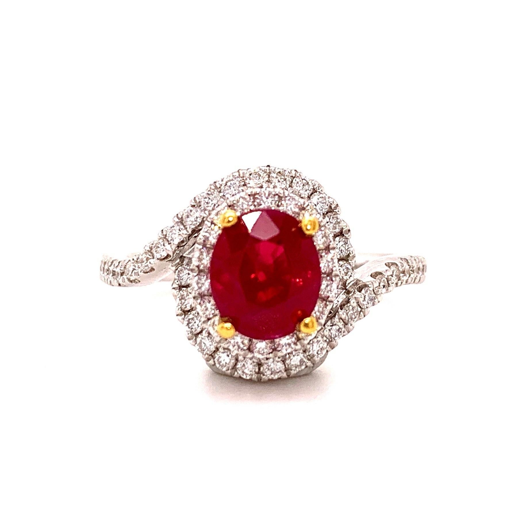 Stunning Burma ruby diamond ring. High lustre, red sparkling, oval faceted, 1.59 carats natural ruby mounted in an open basket with four bead prongs, accented with two rows of round brilliant cut diamonds. Beautiful handcrafted design set in 18