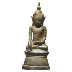 Burma, 18th Century, Old bronze Maravijaya Buddha in Bumisparsha Mudra position