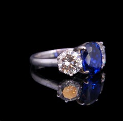 Burma Blue Sapphire and Diamond Three-Stone Ring Certificated