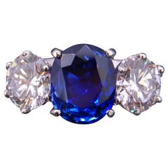 Burma Blue Sapphire and Diamond Three-Stone Ring Certificated