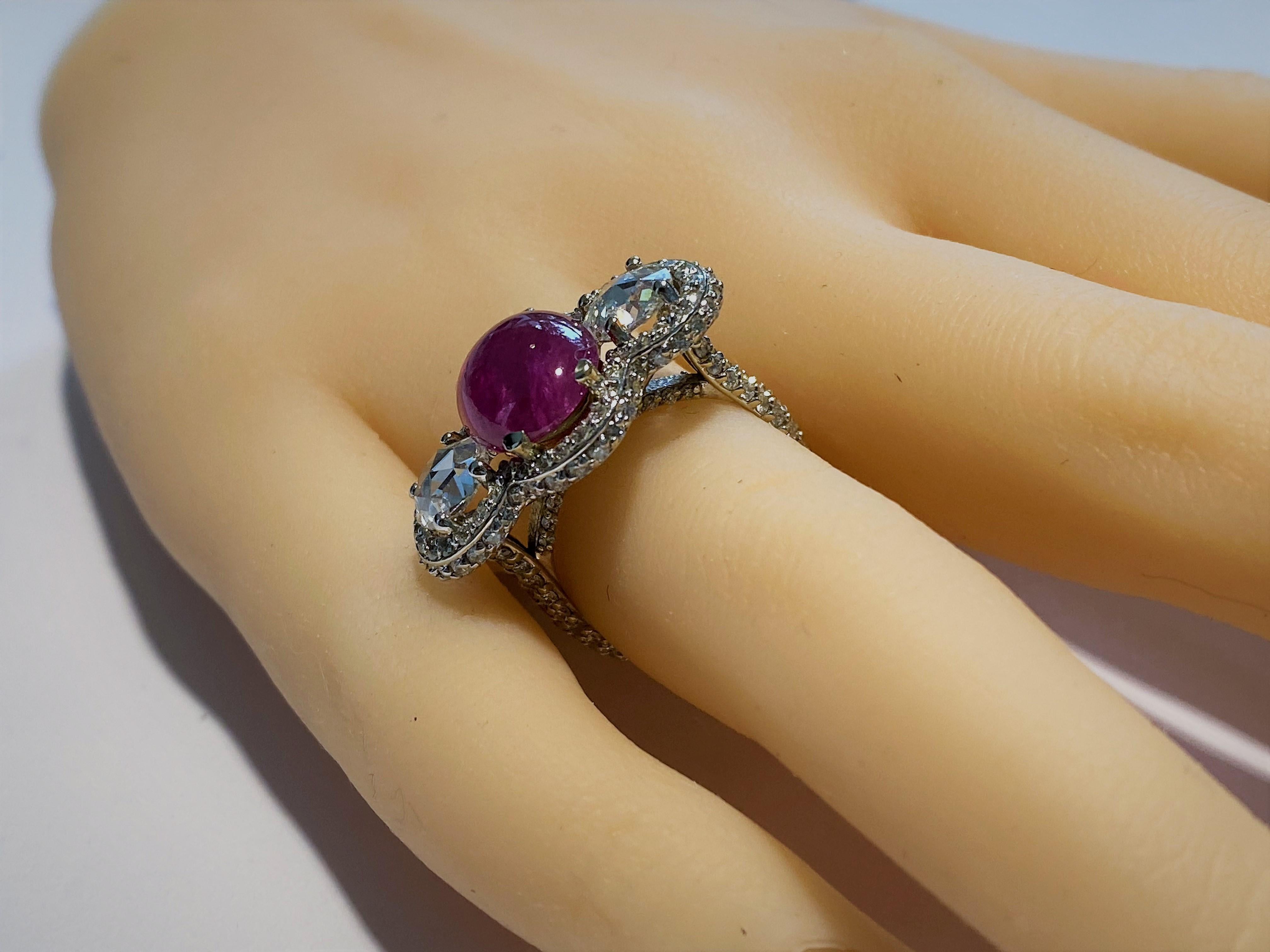 GIA Certified Burma Cabochon Ruby 5.85 Carat Diamond 3.45 Carat 18 Karat Ring For Sale 1